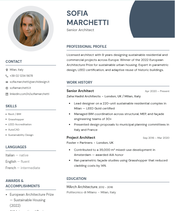 A resume built with the Radiant template, showing a two-column ATS-safe layout with contact details, a professional summary, work history and skills