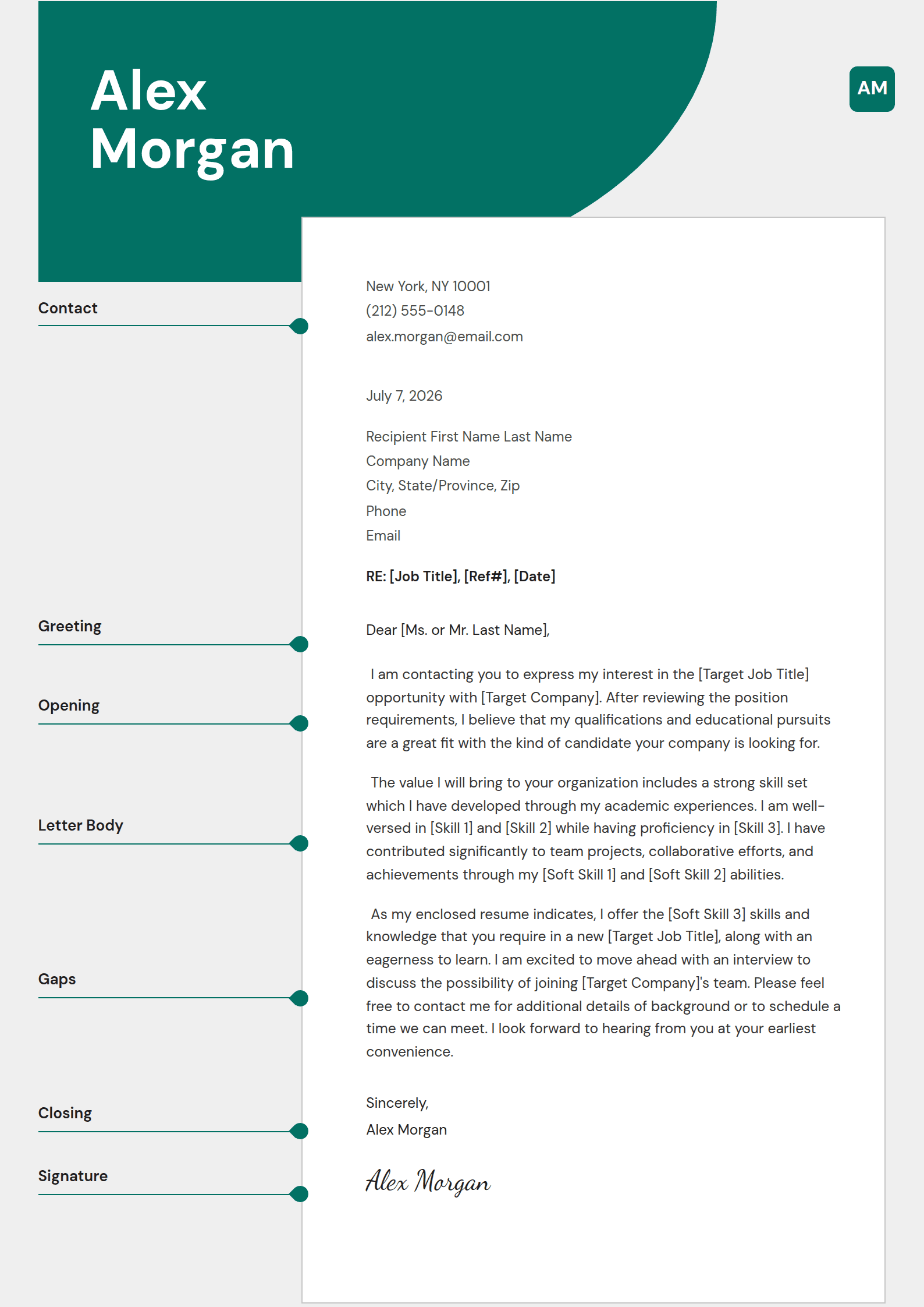 Gloss cover letter template: Your letter on a sheet, with every part named in the margin.