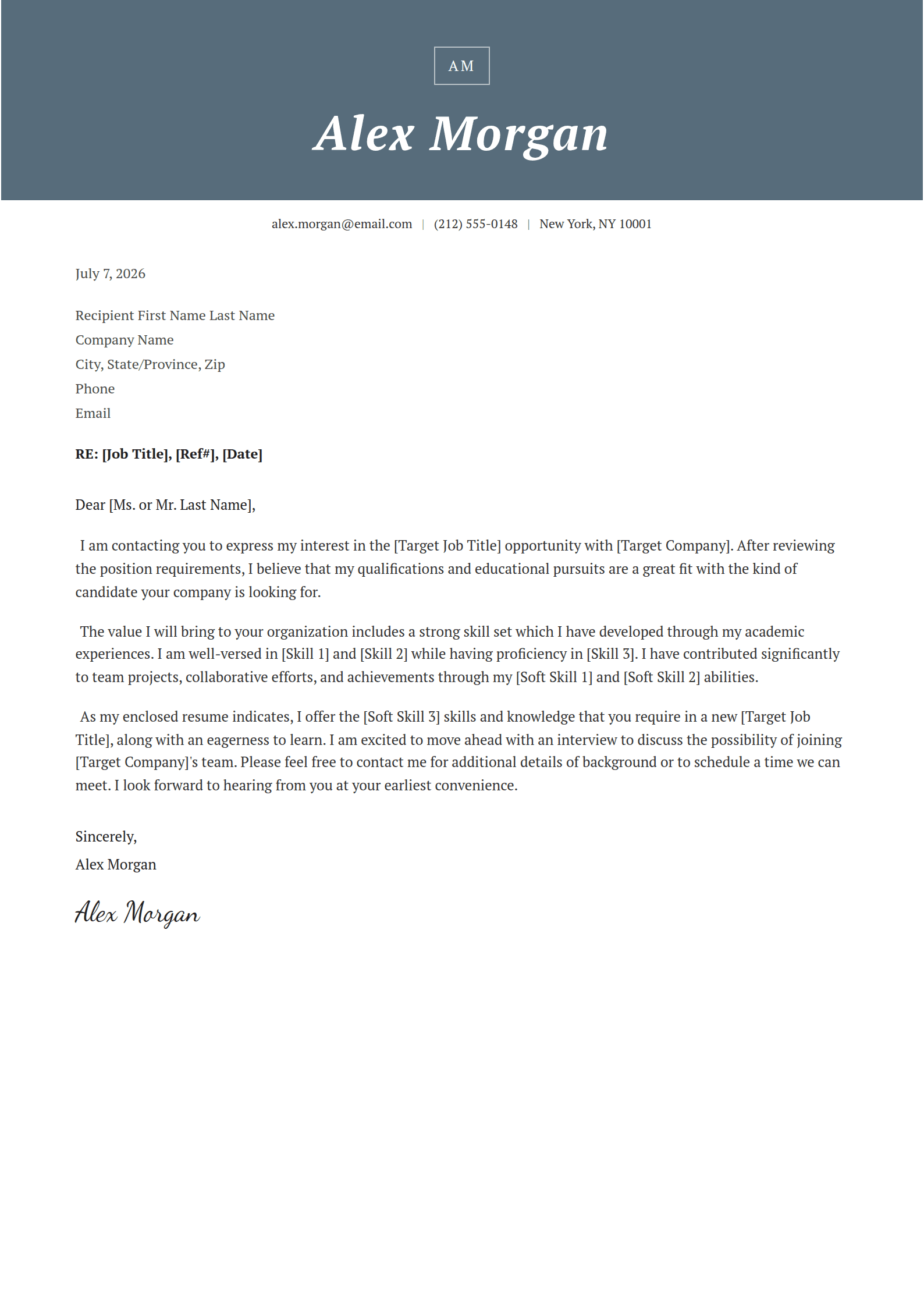 Signet cover letter template: Initials in a framed seal over an italic name.