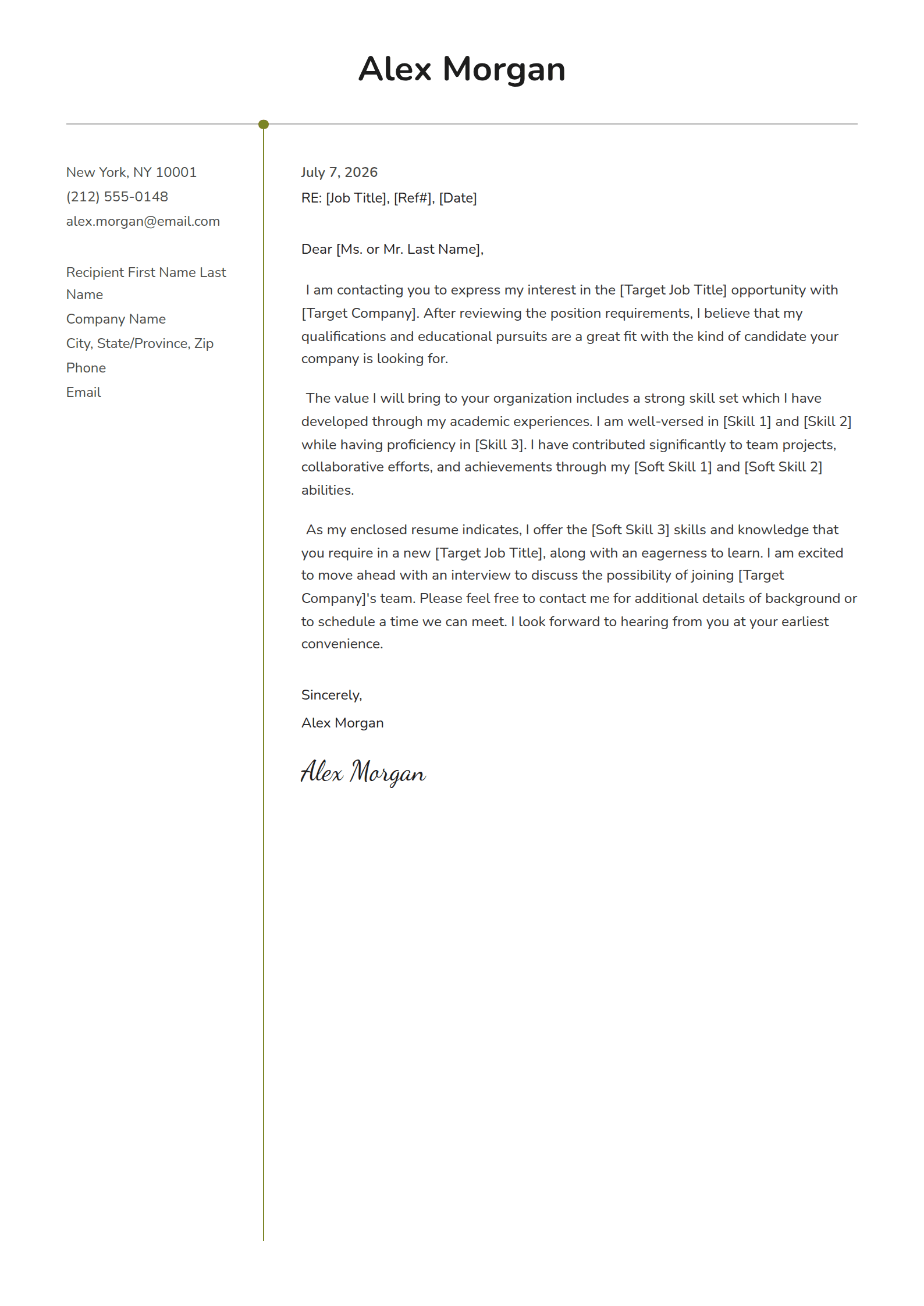 Trellis cover letter template: A centred name over a T of two rules.