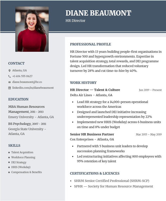 Resumarc CV template with a photo header and two columns