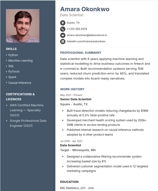 Resumarc CV template with a bold coloured sidebar