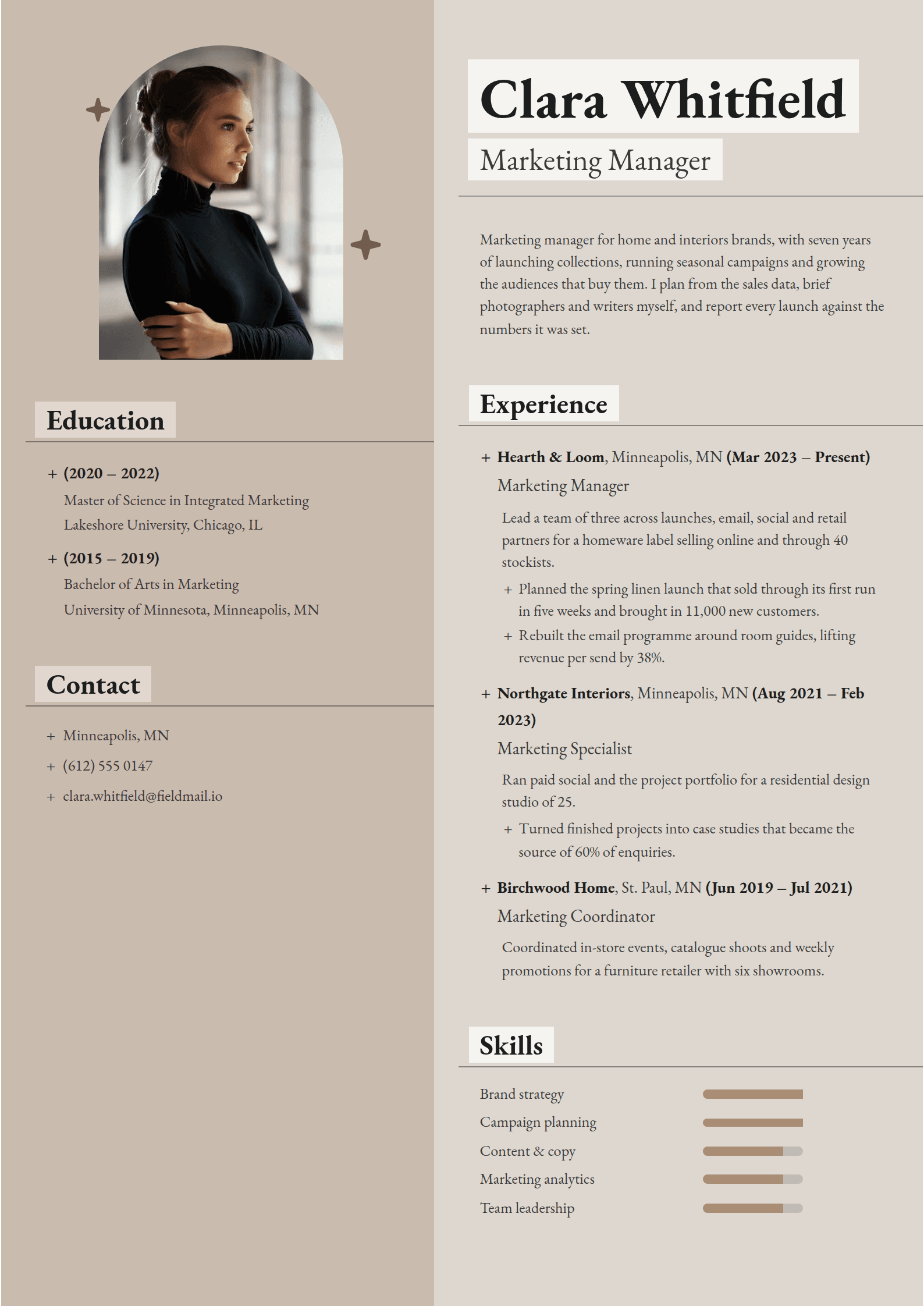 Alcove resume template: A two-tone taupe page with the photo cut to an arch, and serif headings set on pale highlights over a rule
