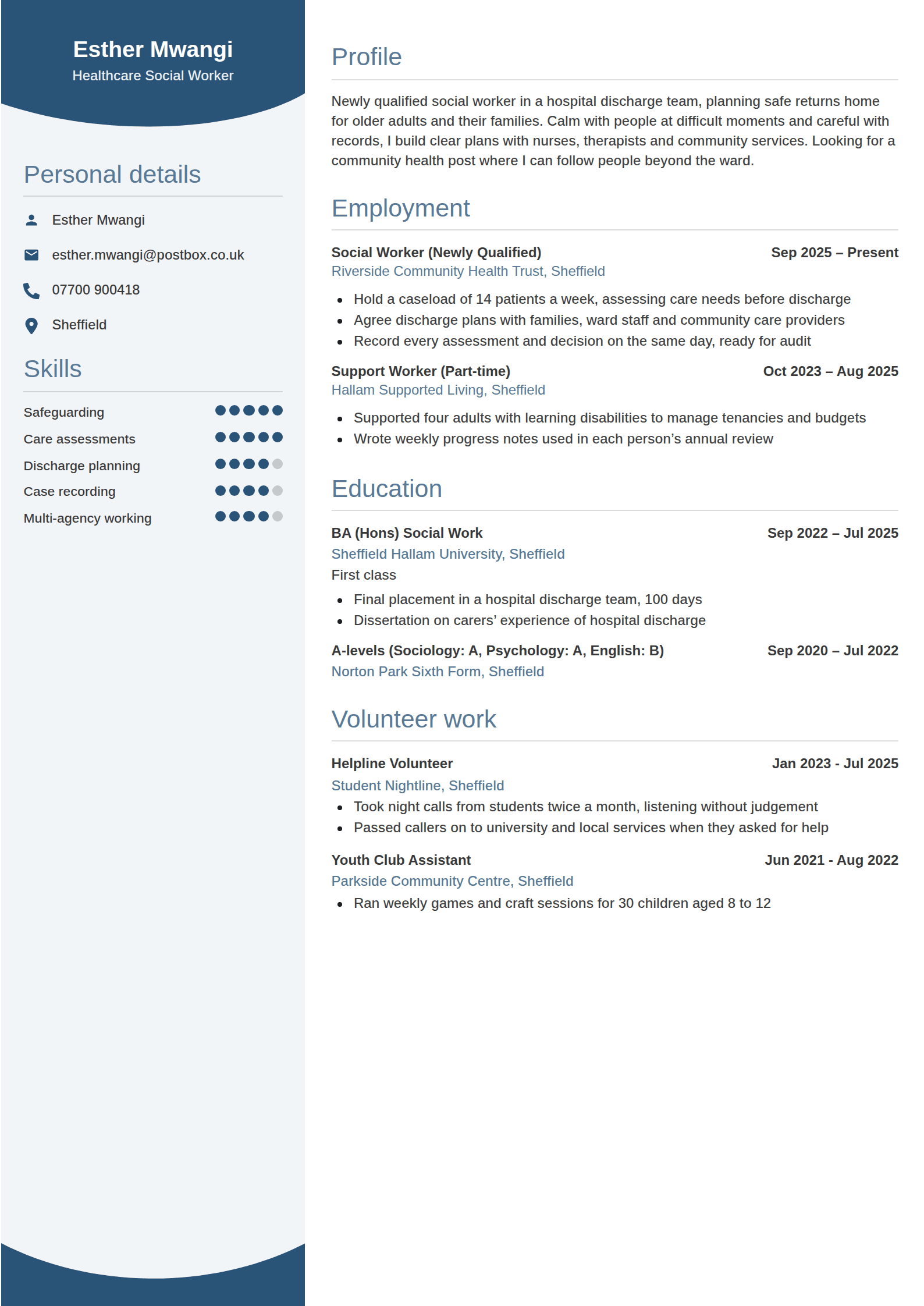Arbor resume template: A pale side column under a navy arched cap holding the name, a navy wave at its foot, and ruled blue headings on both sides