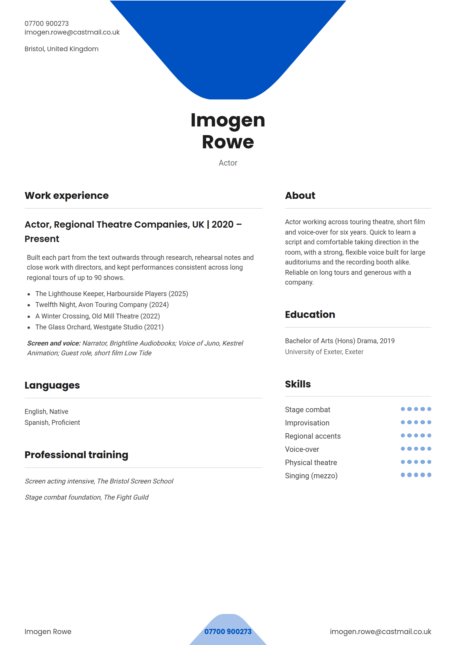 Awning resume template: A deep blue tab hanging from the top of the page over a centred name, grey-ruled headings and a running foot with the phone on a pale tab