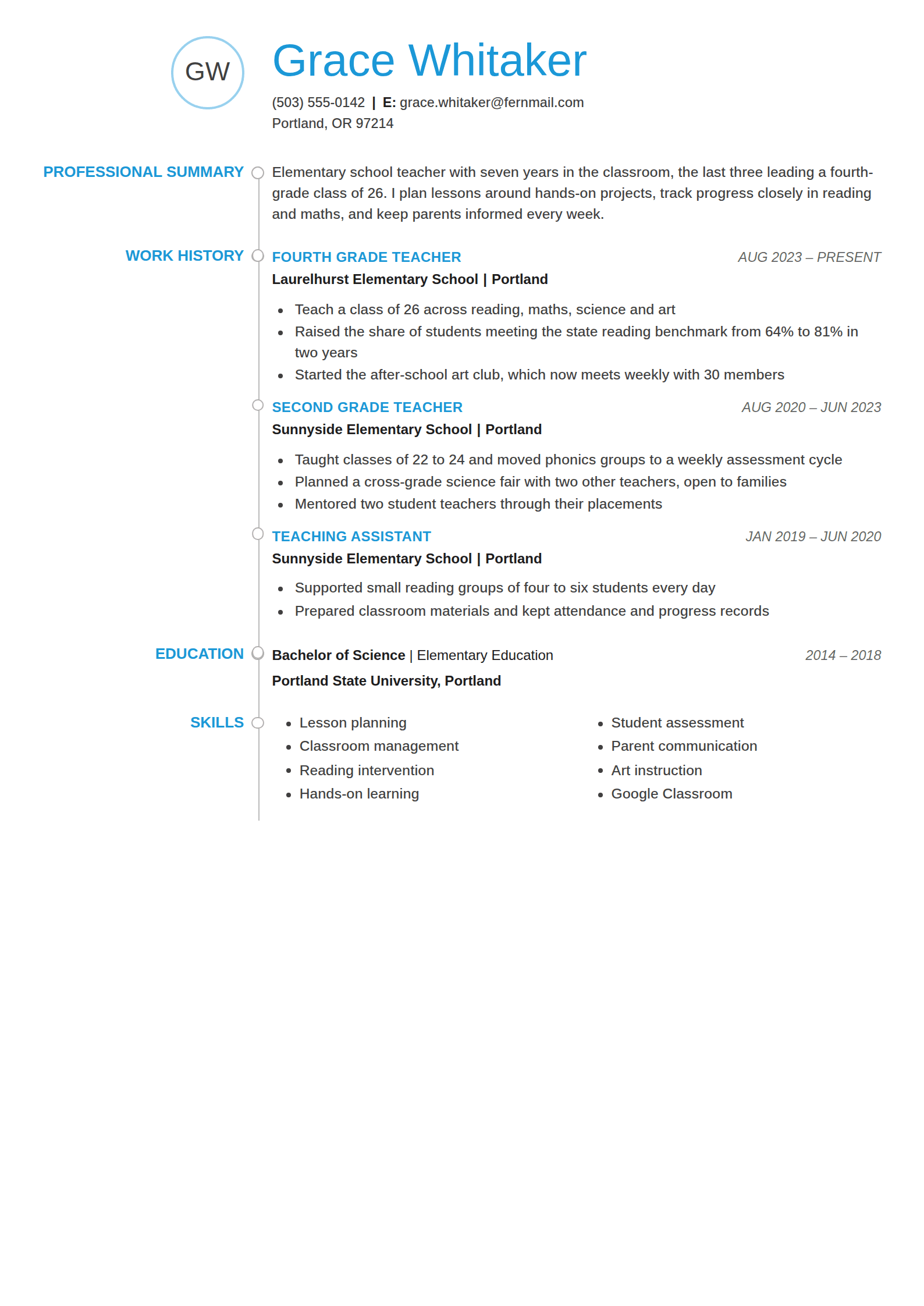 Bead resume template: Initials in a pale blue ring, blue margin headings and one grey rail threaded with an open ring at every section and role