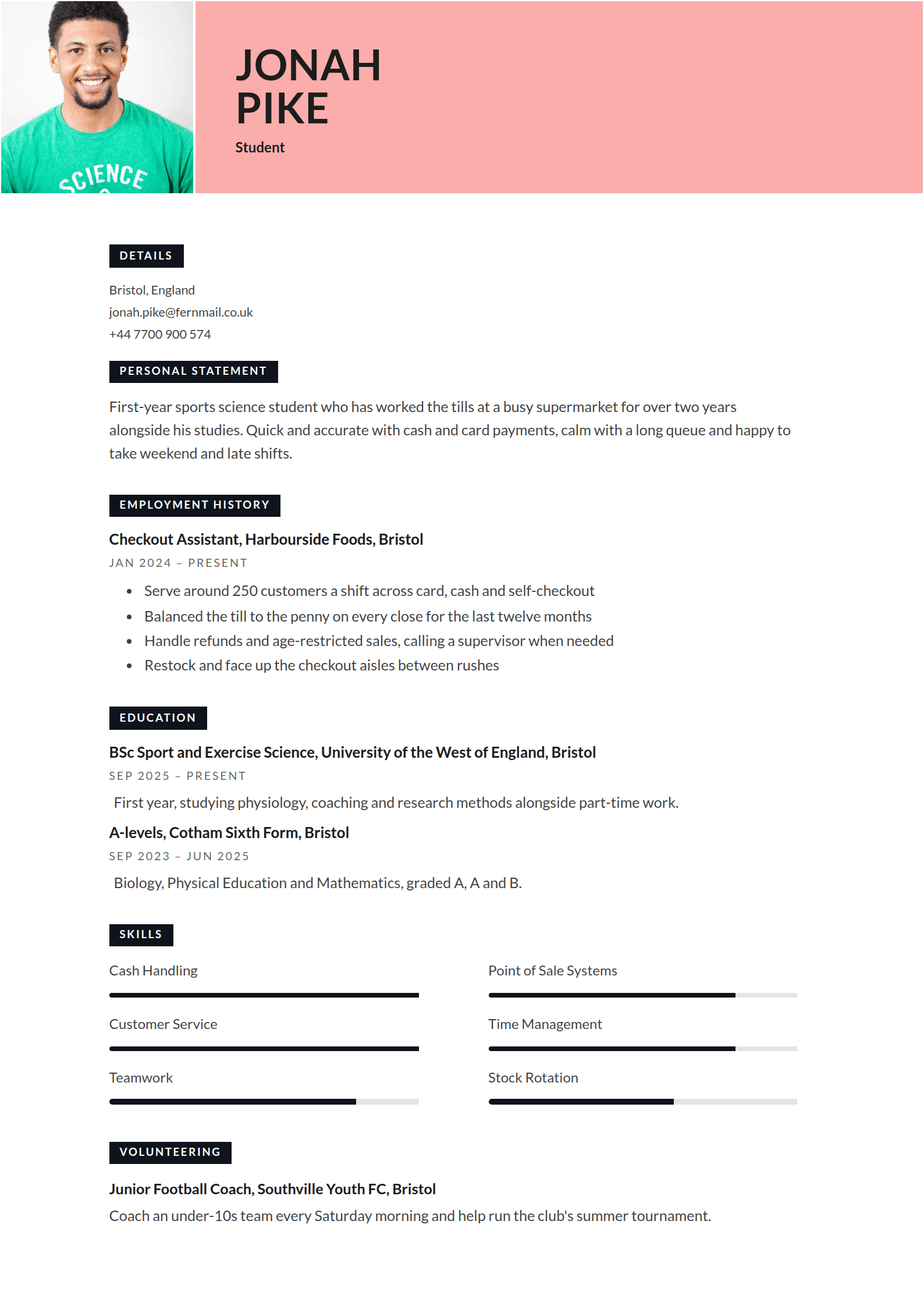 Blush resume template: A pink band across the head with a square photo in its corner, one clean column below and every heading a small near-black tag