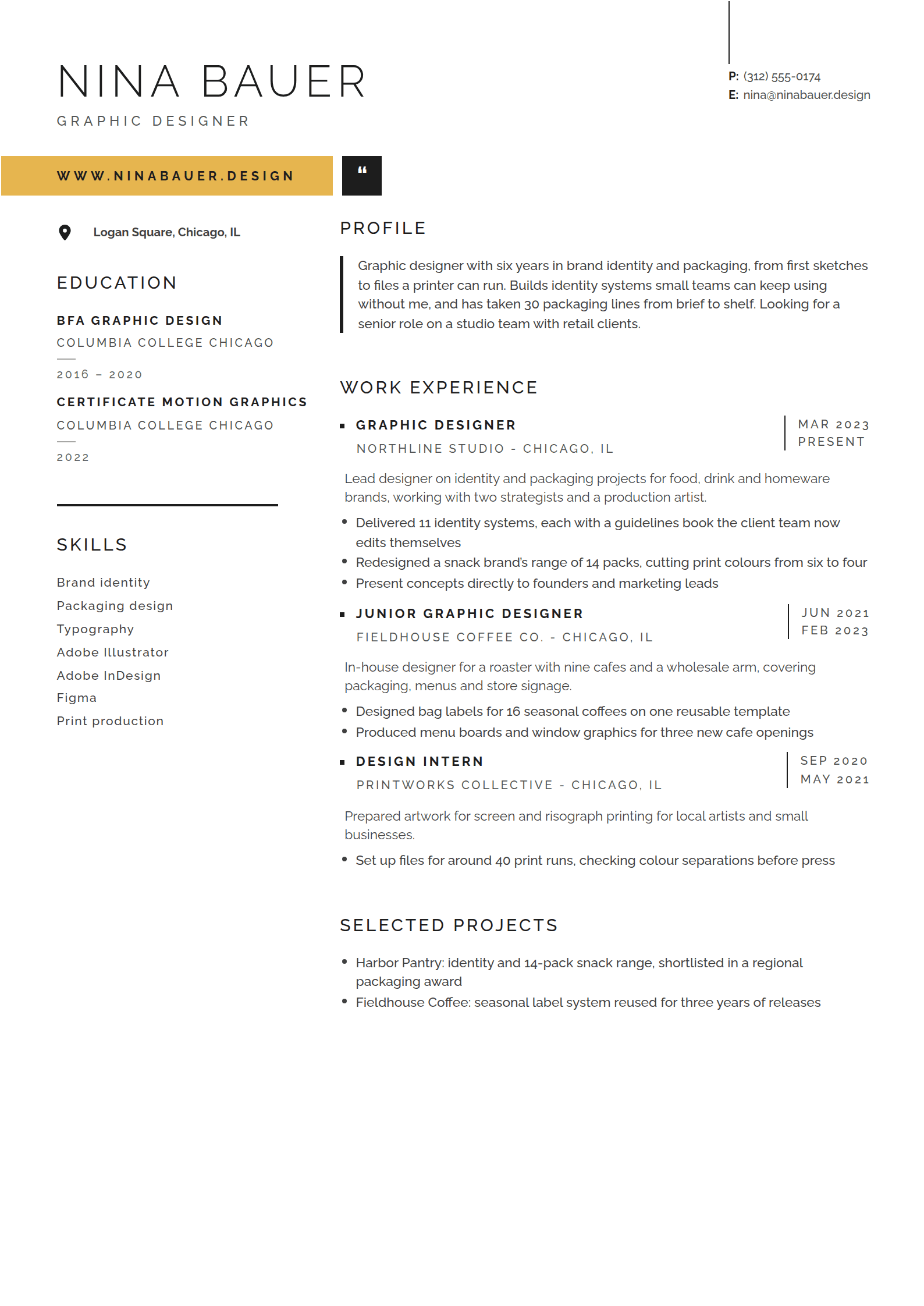 Brass resume template: A gold band carrying the website across the head, a name in light spaced capitals and dates stacked down the right margin