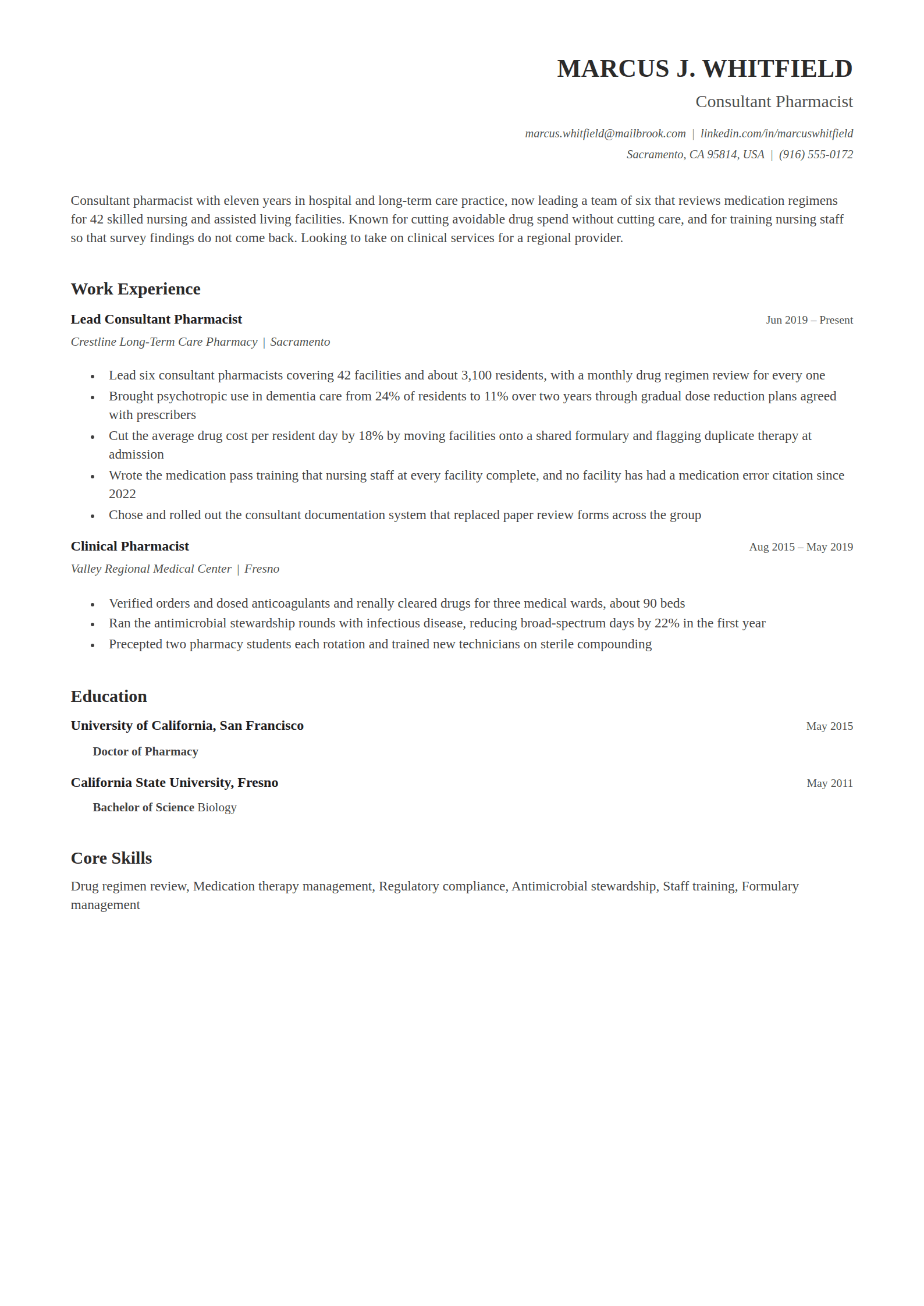 Brief resume template: A plain Times page with the name, title and contact lines ranged against the right margin and bold title-case headings