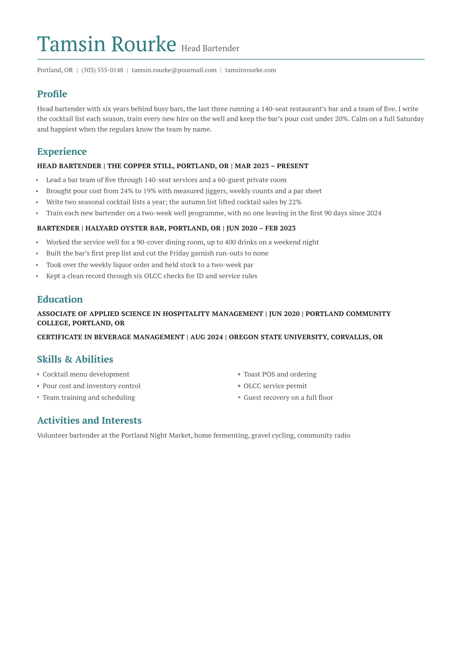 Brook resume template: A word-processor one-column page with a teal name over a teal rule, bold teal headings and each role on one capitalised line
