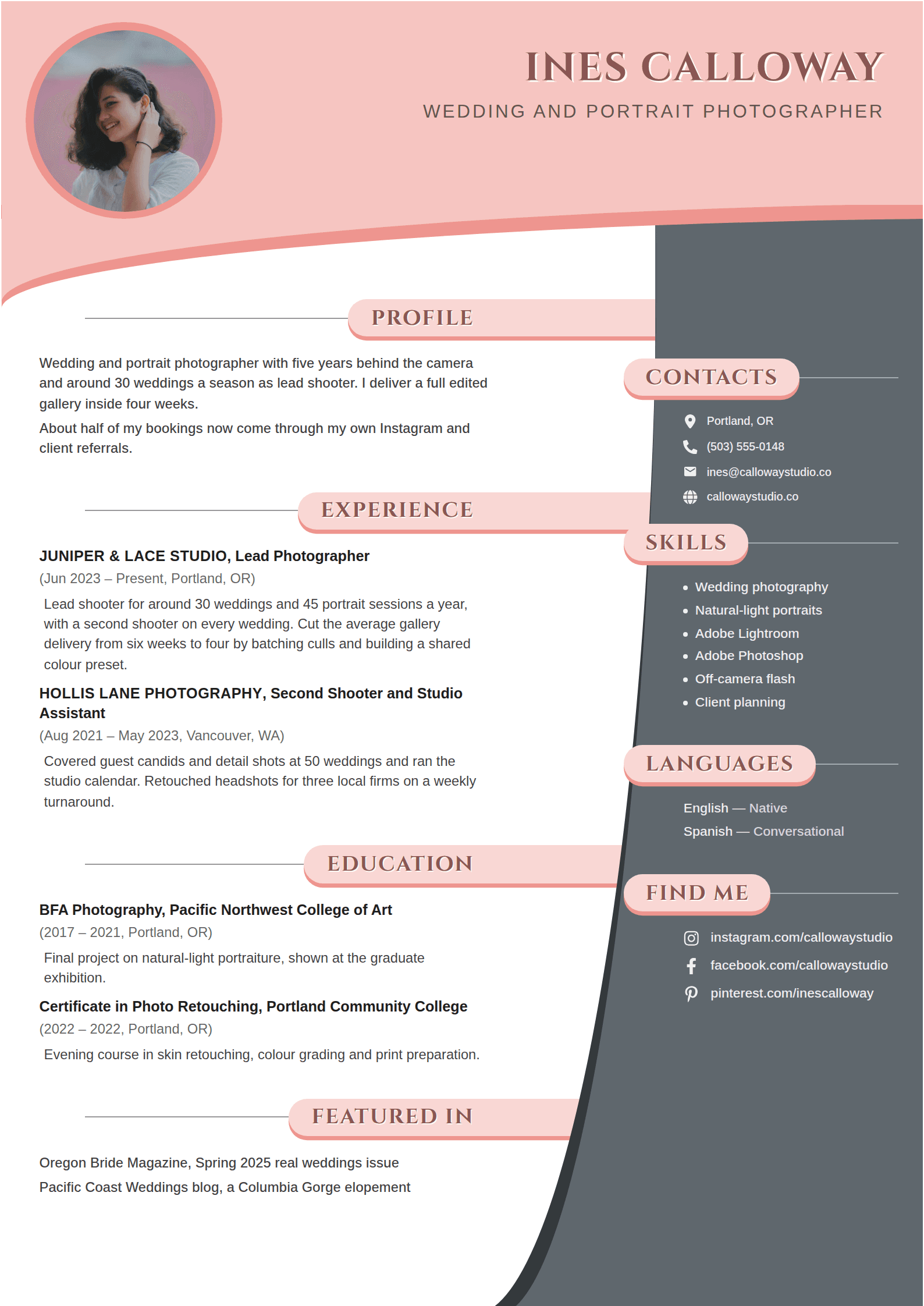 Camber resume template: A rose head band dipping over a bowed charcoal column, with engraved serif capitals on pale rose heading pills