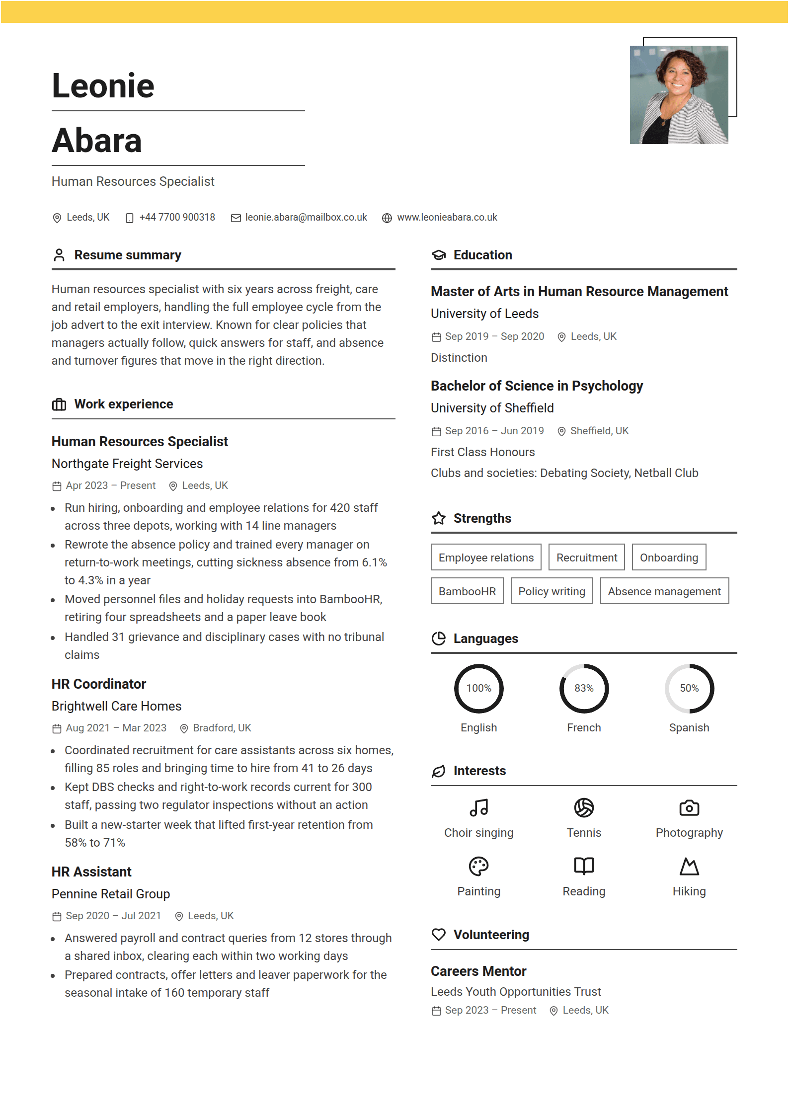 Canary resume template: A thin yellow band over a white page, a name underlined line by line, and a square photo laid over a drawn frame