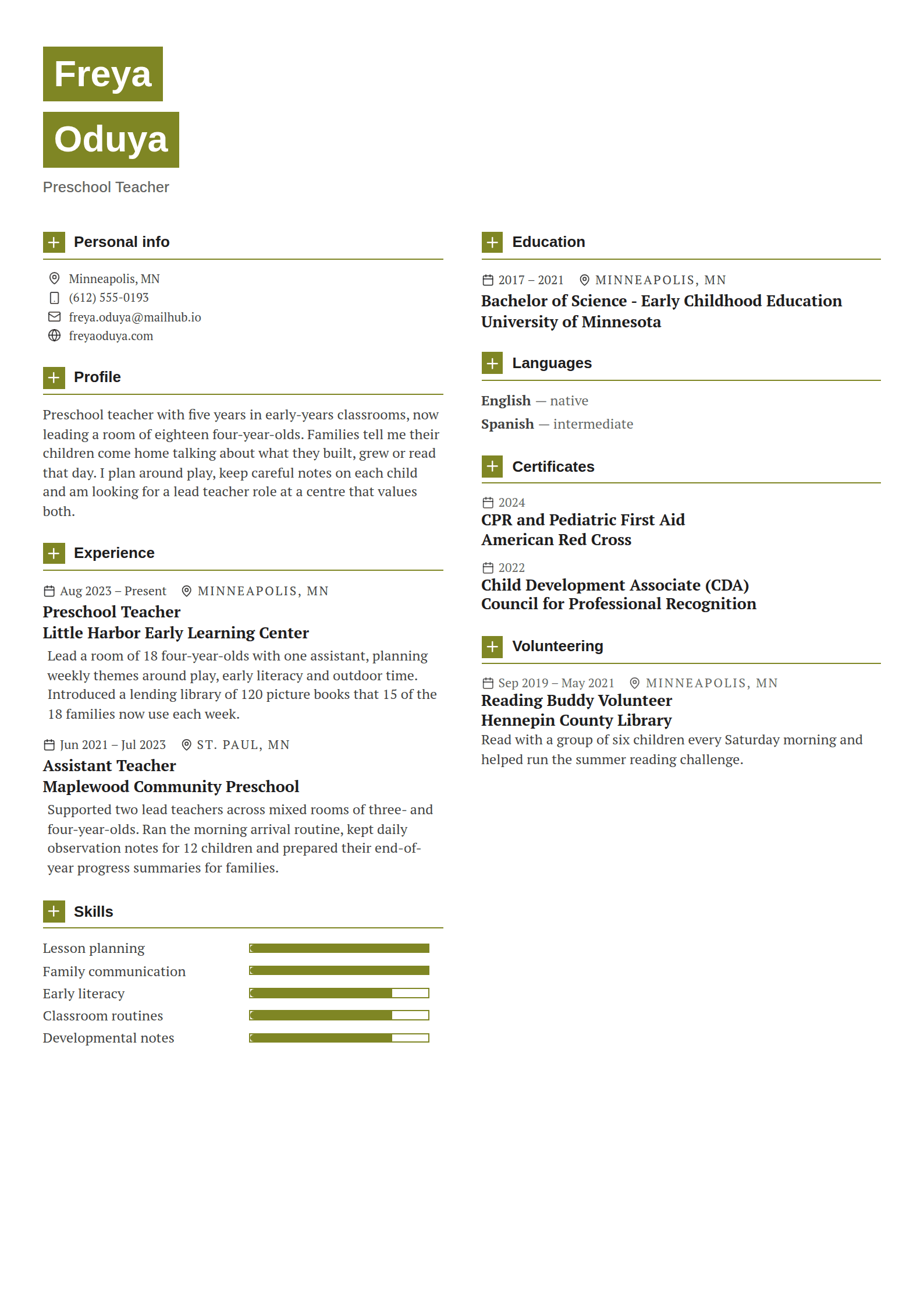 Clover resume template: The name in two olive blocks and every heading opened by an olive square with a white plus, over two even columns