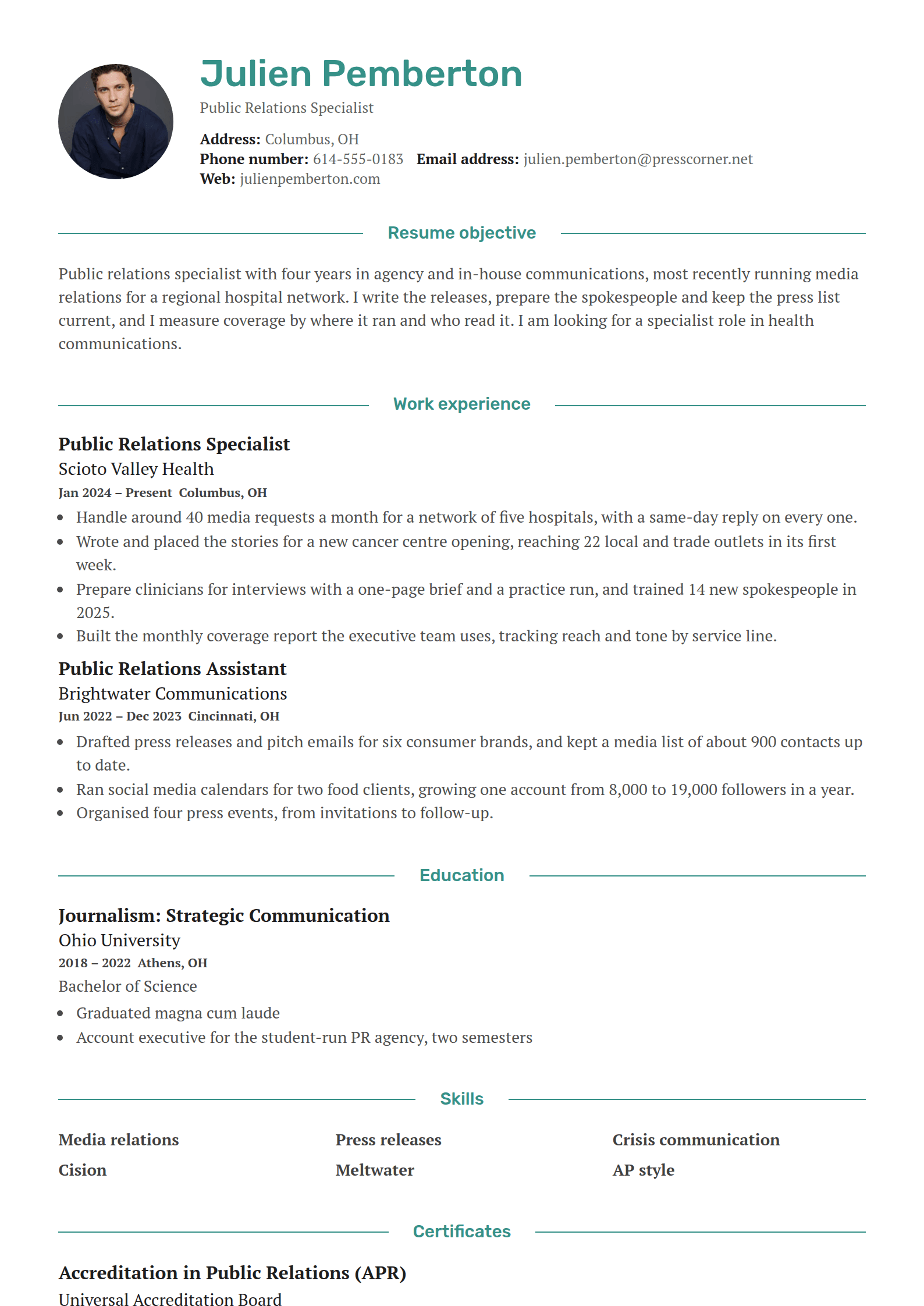 Cypress resume template: A one-column serif resume with a round photo, the name in bold teal and teal headings centred between thin rules
