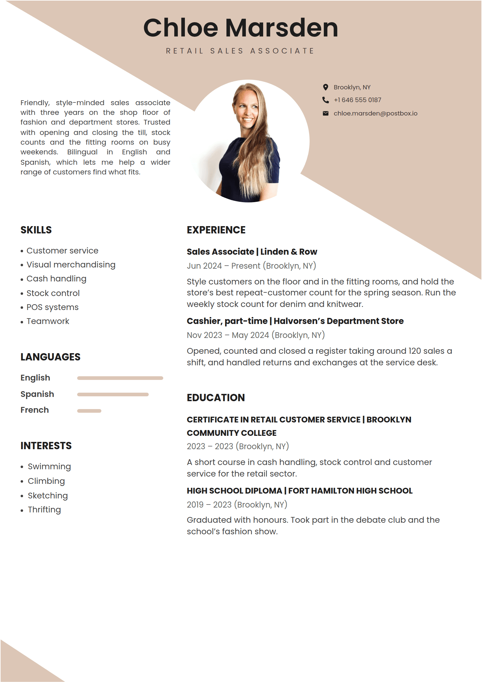 Dune resume template: A nude beige triangle across the top right of a white page, a round photo under a centred name, and plain bold capital headings