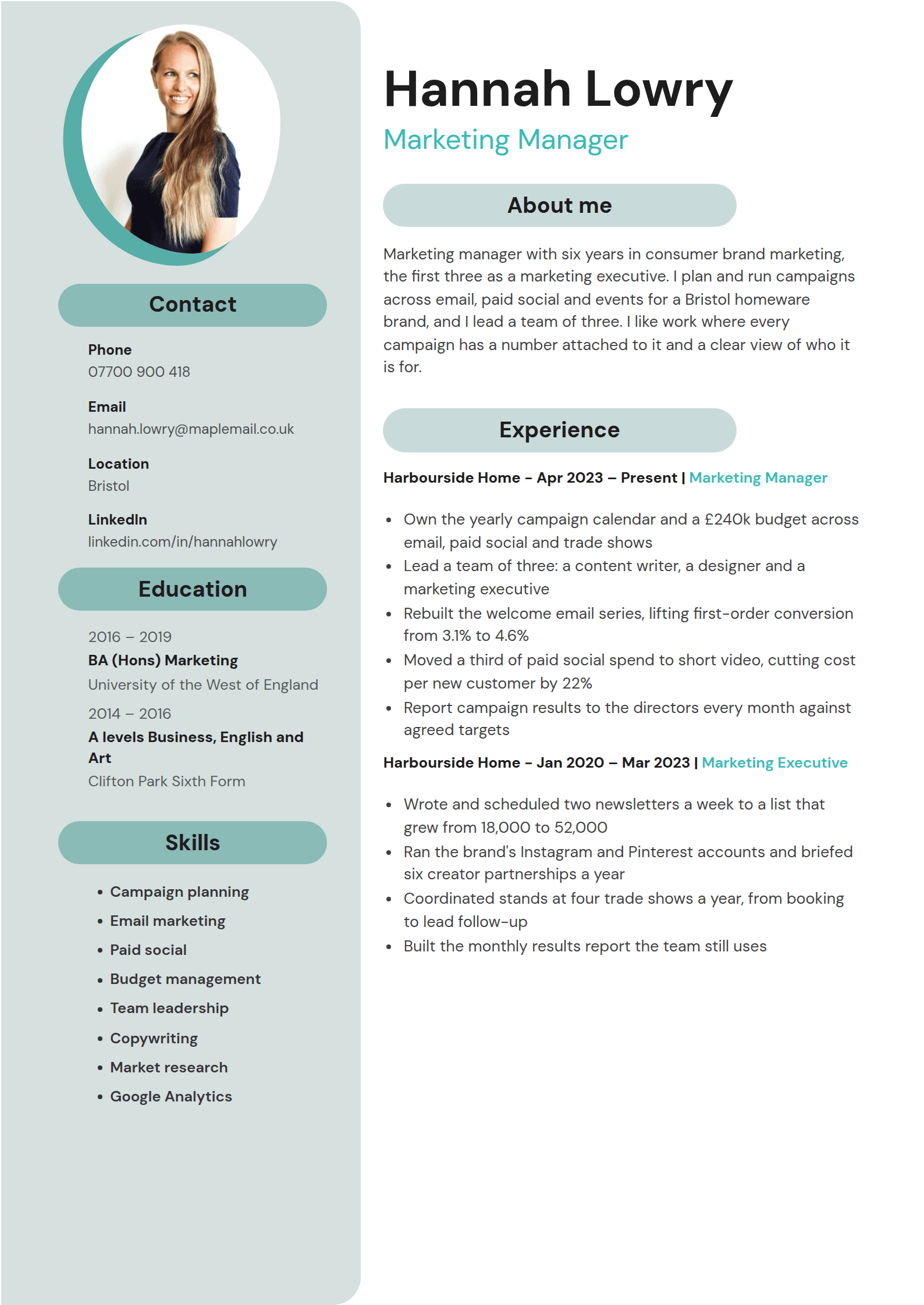 Eddy resume template: A pale sea-green column with rounded corners, a photo cut to a soft blob and every heading set in a rounded pill