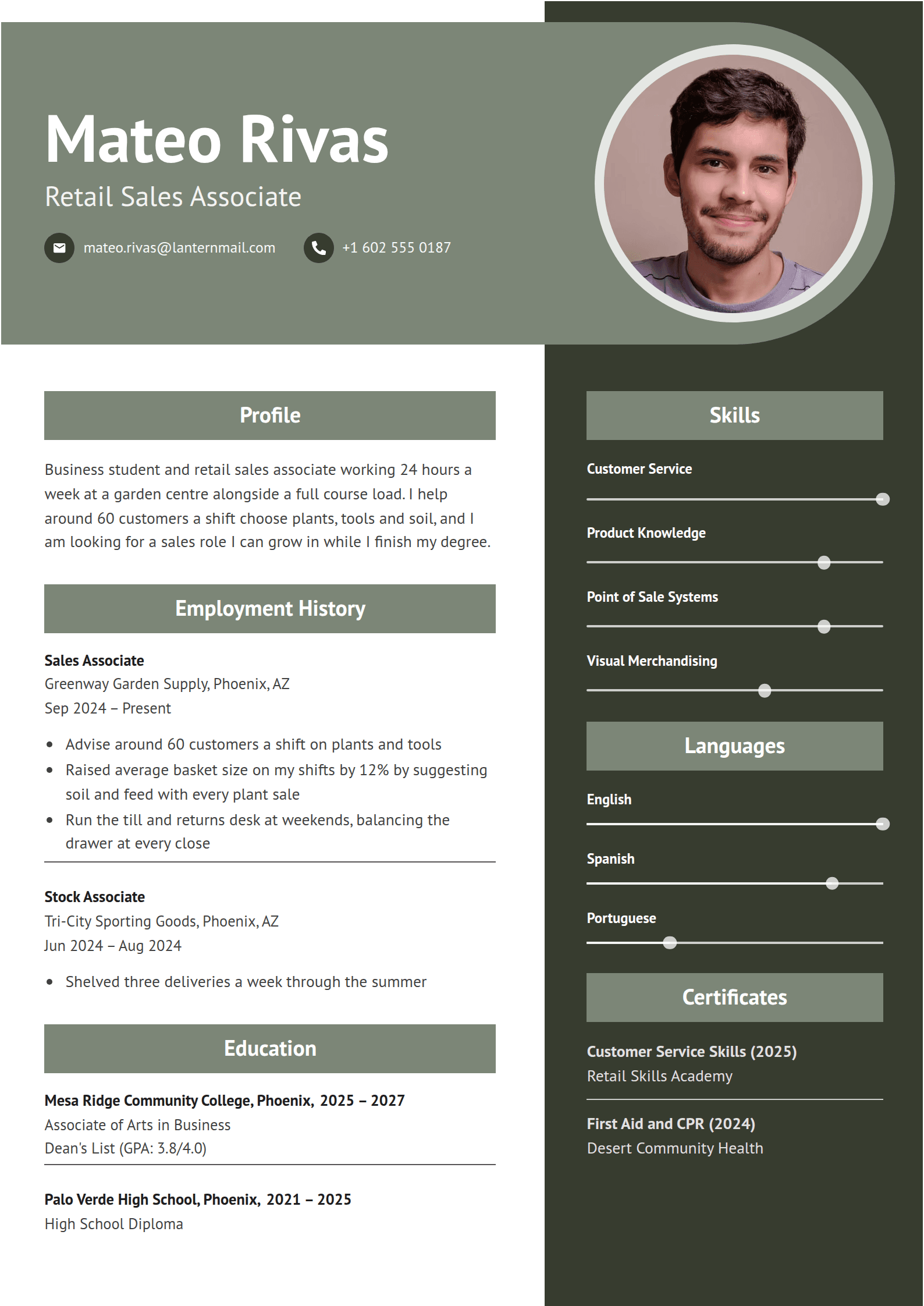 Fennel resume template: A sage head band ending in a round cap around a ringed photo, over a dark olive column, with centred sage heading bands on both sides