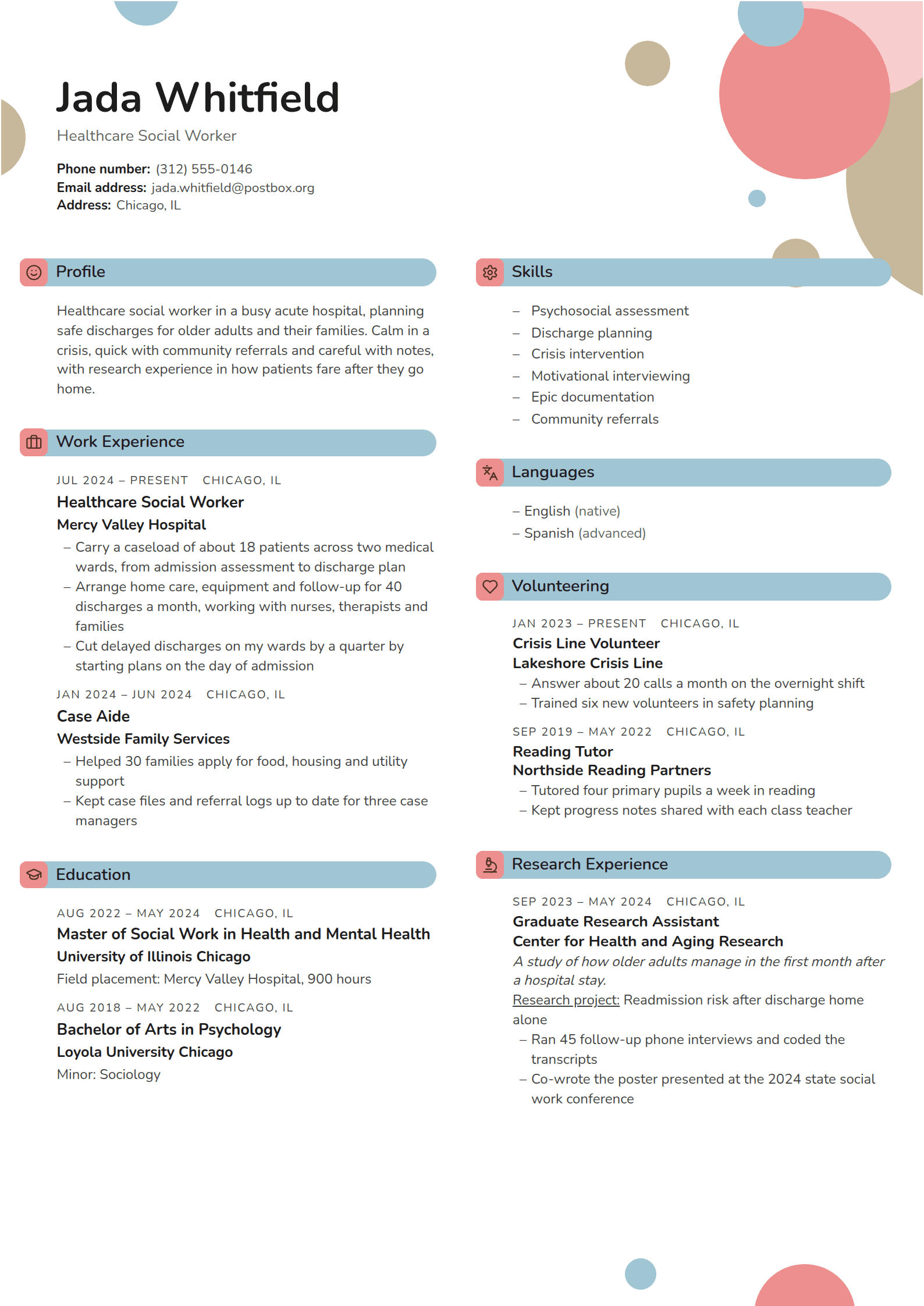 Fizz resume template: Pink, pale blue and sand discs crowding the top right corner, and every heading a pale blue pill led by a pink icon square