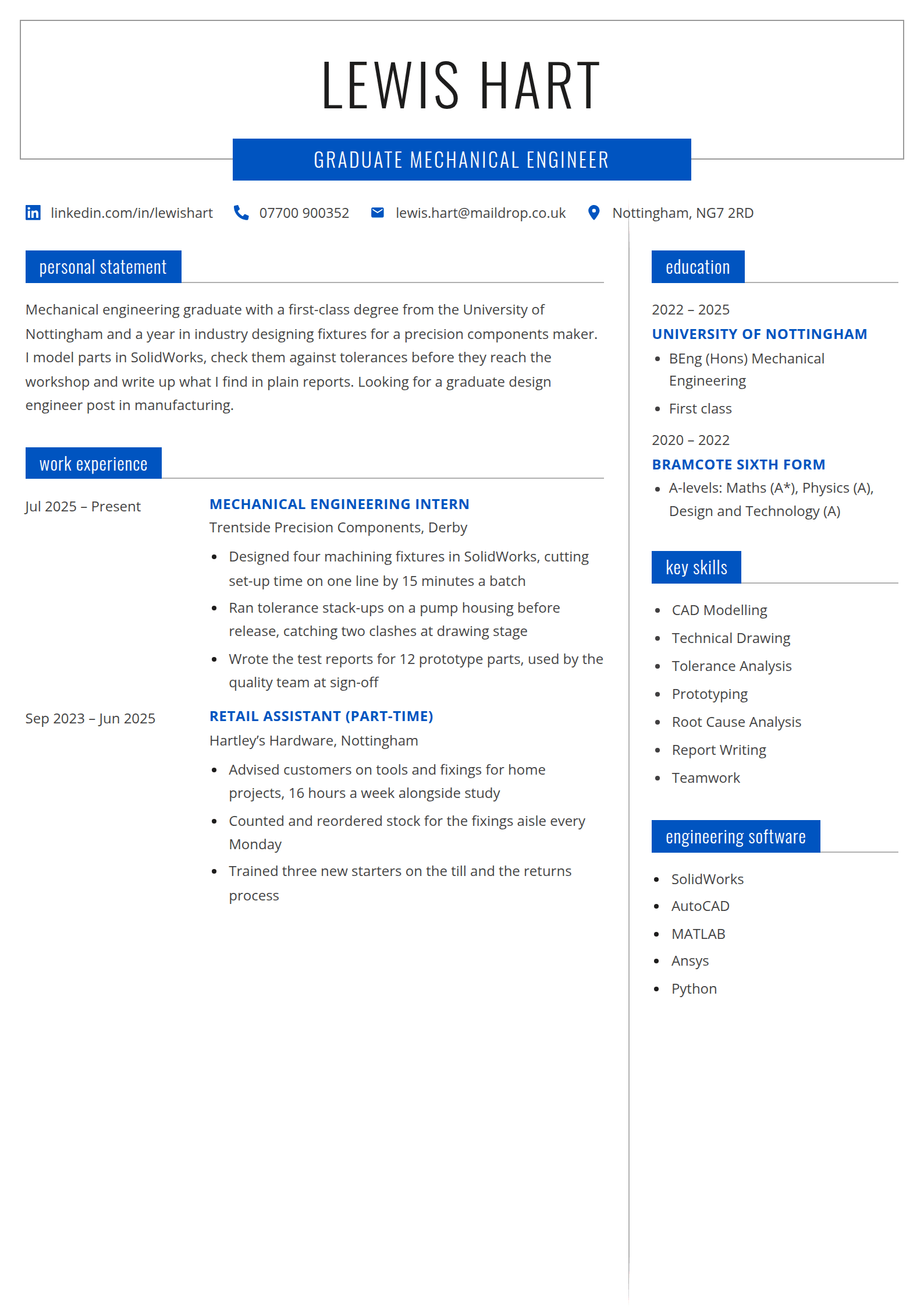 Gantry resume template: A name in condensed capitals inside a thin outlined box, the job title in a blue bar hanging from its foot, and blue tab headings over grey lines