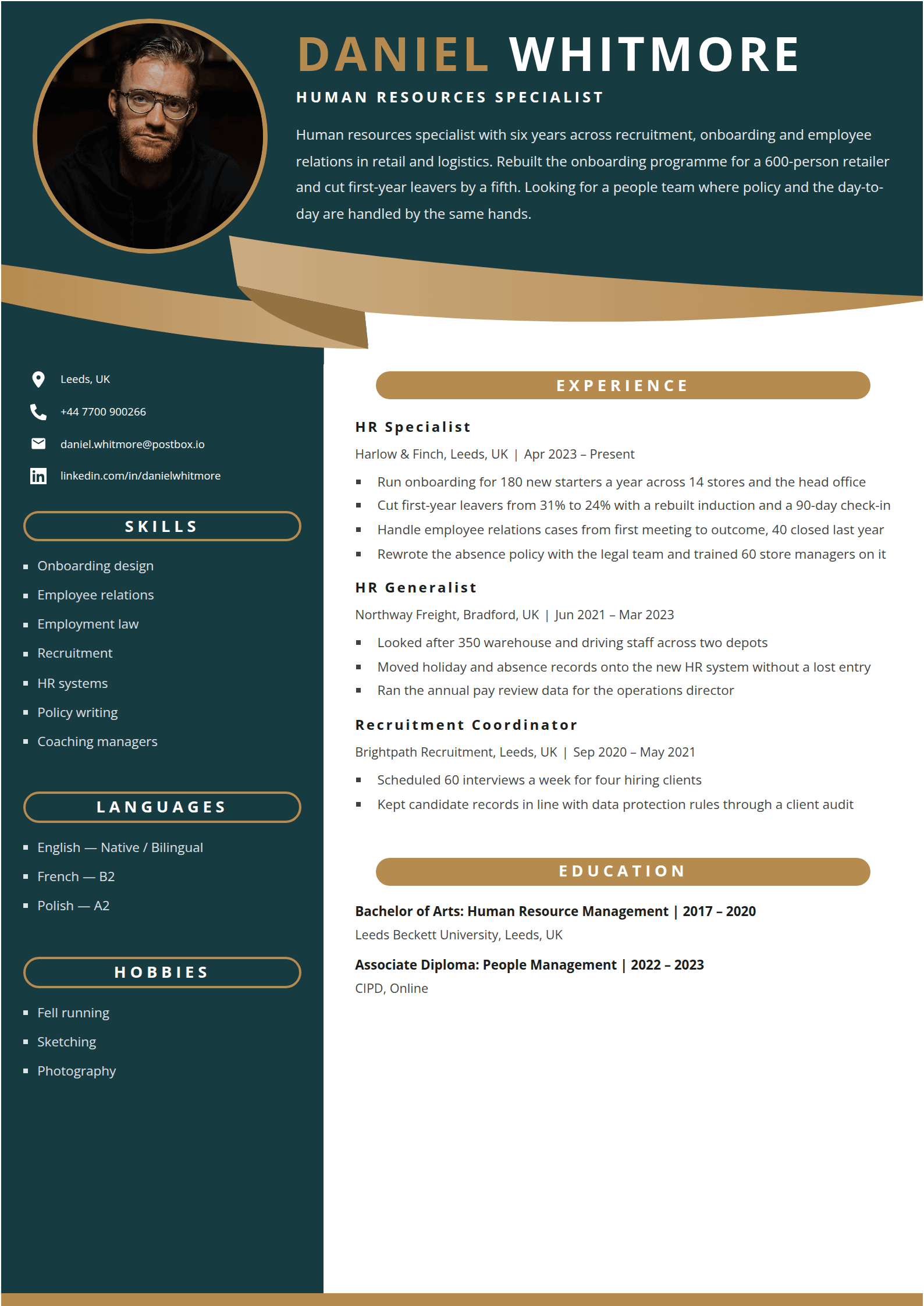 Gilt resume template: A teal head band closed by a gold sash, a gold-ringed photo, and headings set in gold pills