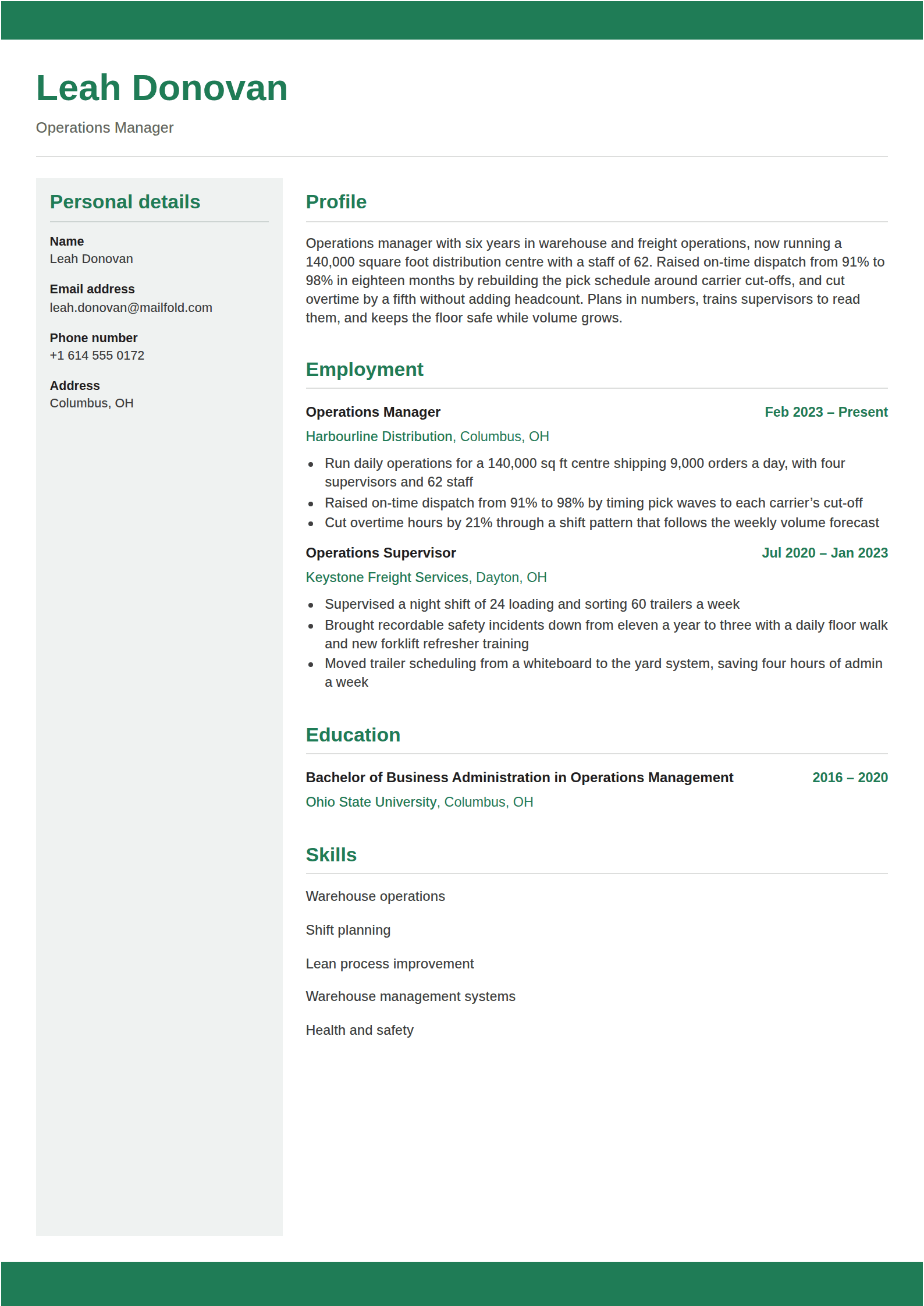 Glade resume template: Green bands across the head and foot of a white page, a pale column of labelled personal details, and green headings on thin grey rules