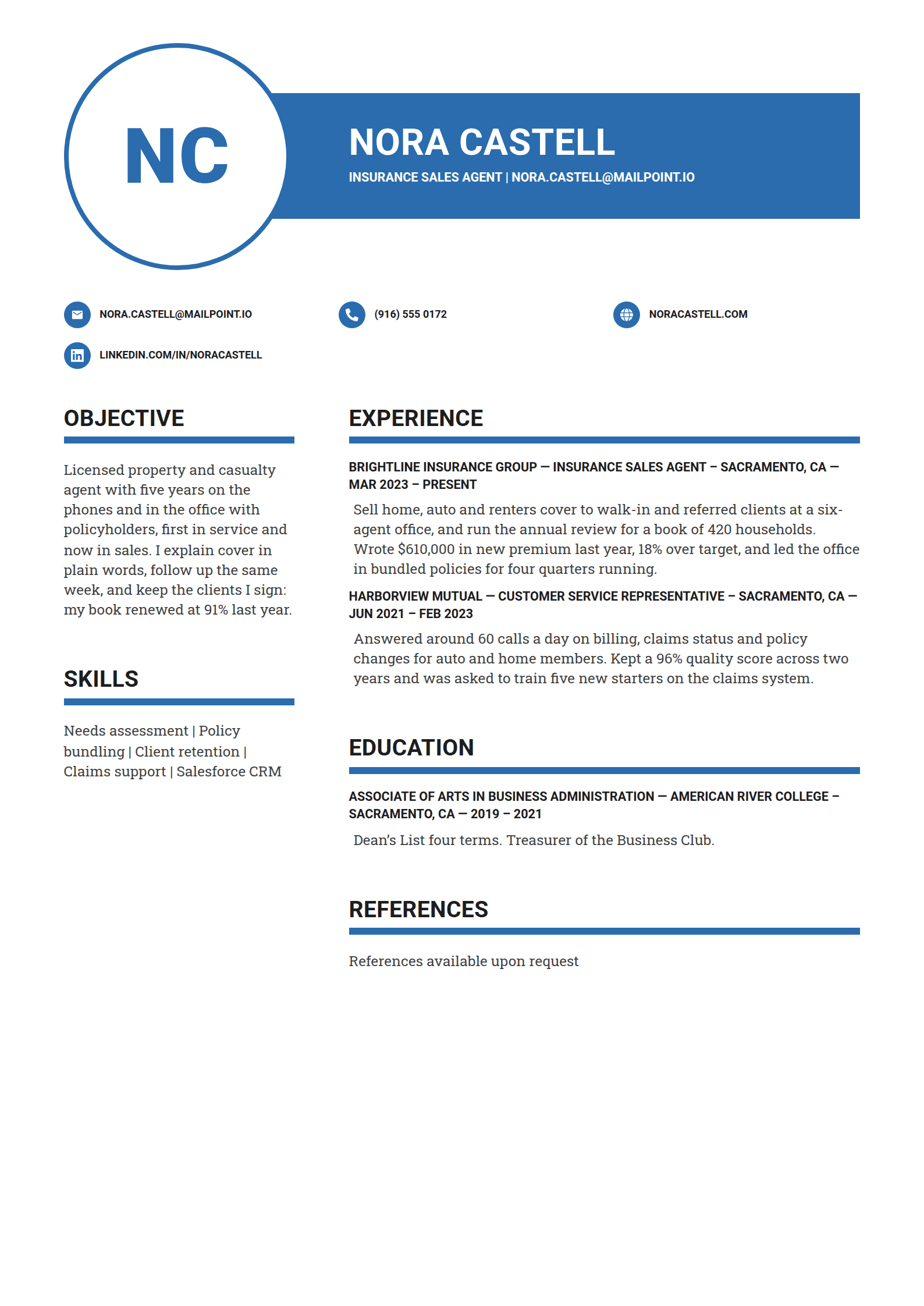 Halo resume template: The initials in a blue ring over a blue name band, and the contact details in a row of icon discs beneath, over bold capital headings on thick blue rules