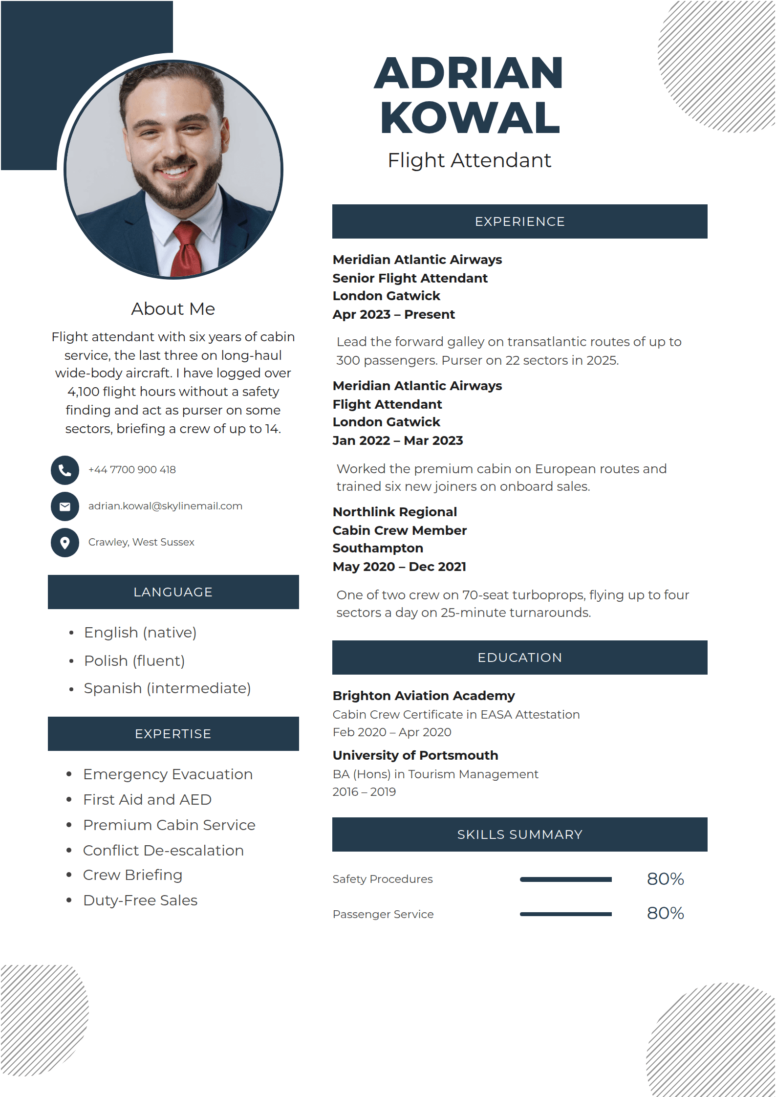 Hatch resume template: A ringed round photo over a navy corner square, a heavy two-line capital name and hatched grey discs in the corners of the page