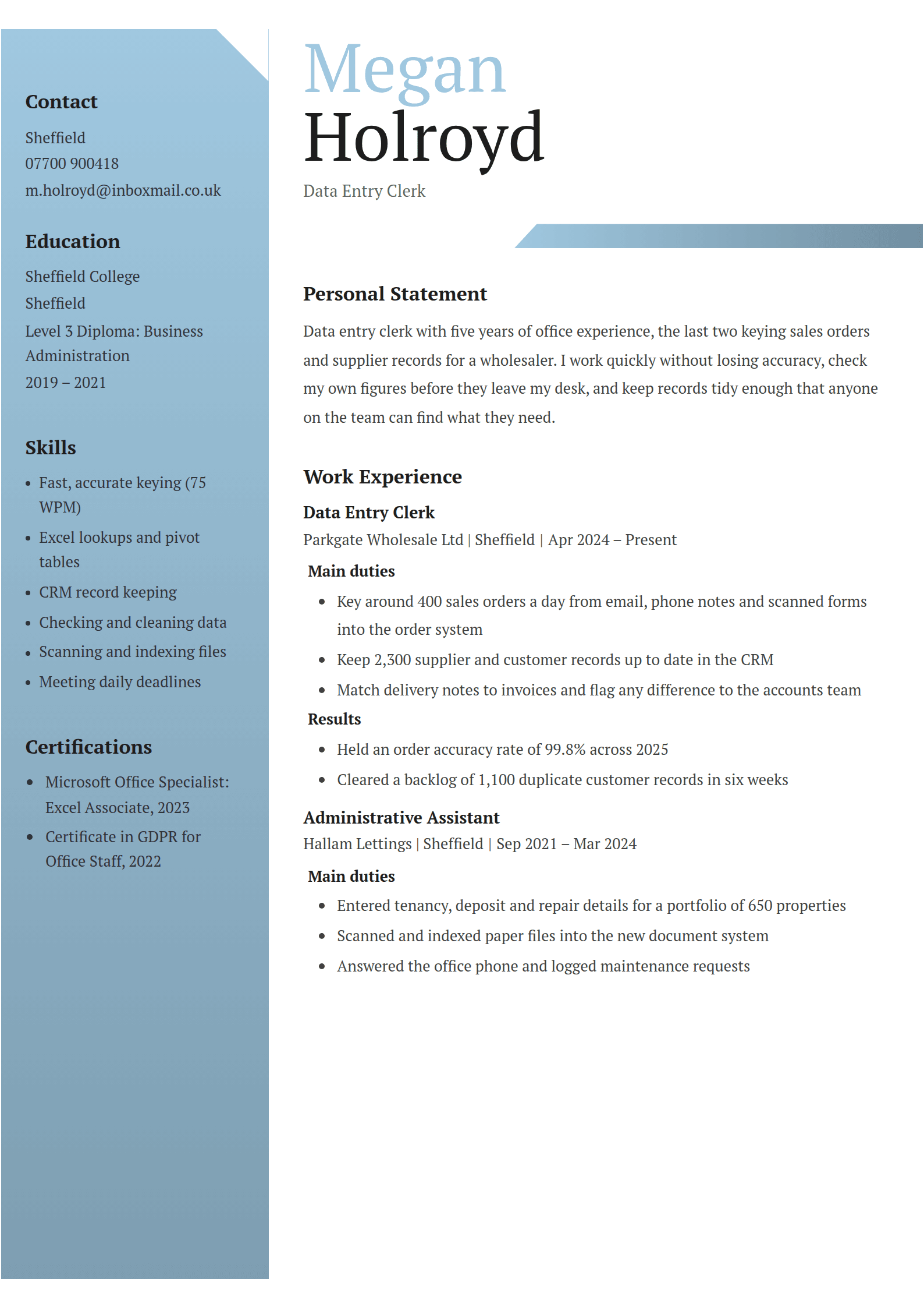 Megan Holroyd's Data Entry Clerk resume in the Haze template