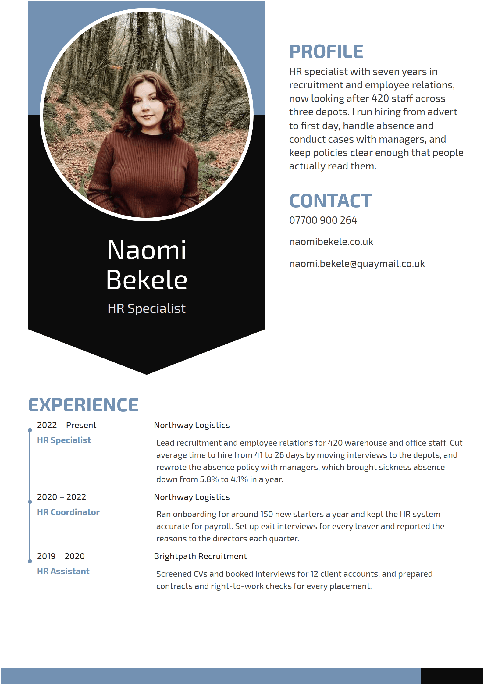 Herald resume template: A black banner hanging from the top of the page with a round photo on its steel-blue top, and a history hung on a blue rail