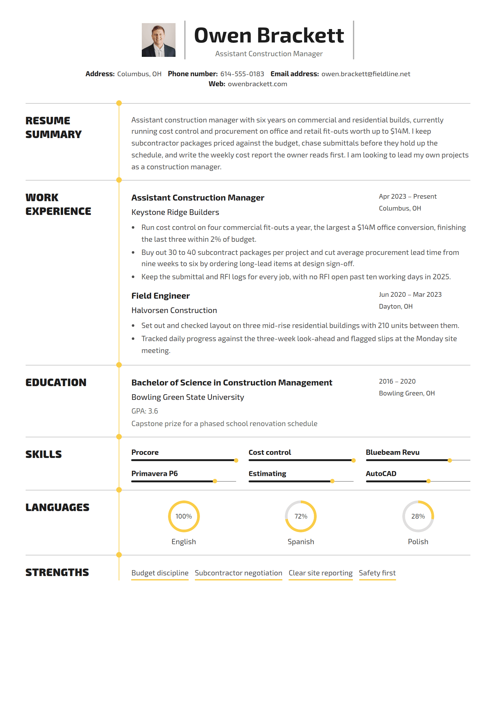Owen Brackett's Assistant Construction Manager resume in the Hinge template