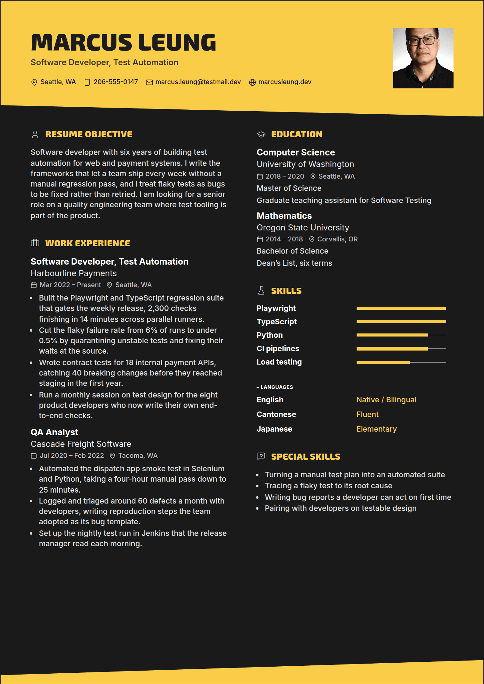 Hornet resume template: A full-width yellow band with a slanted foot over a near-black page, a square photo and heavy black capitals for the name