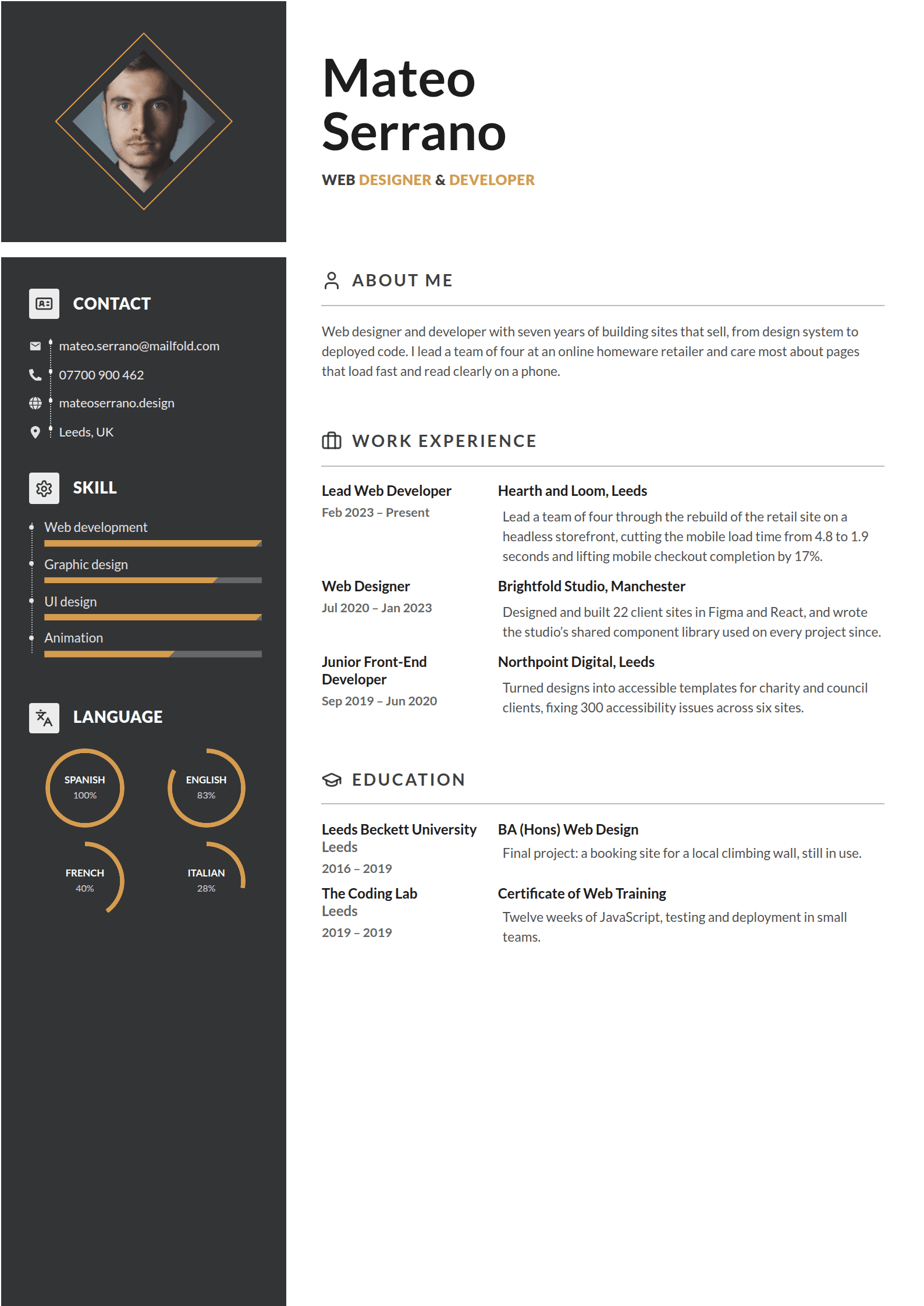 Ingot resume template: A charcoal column under a diamond photo, gold skill bars on a dotted rail, gold ring gauges for languages and two-column entries