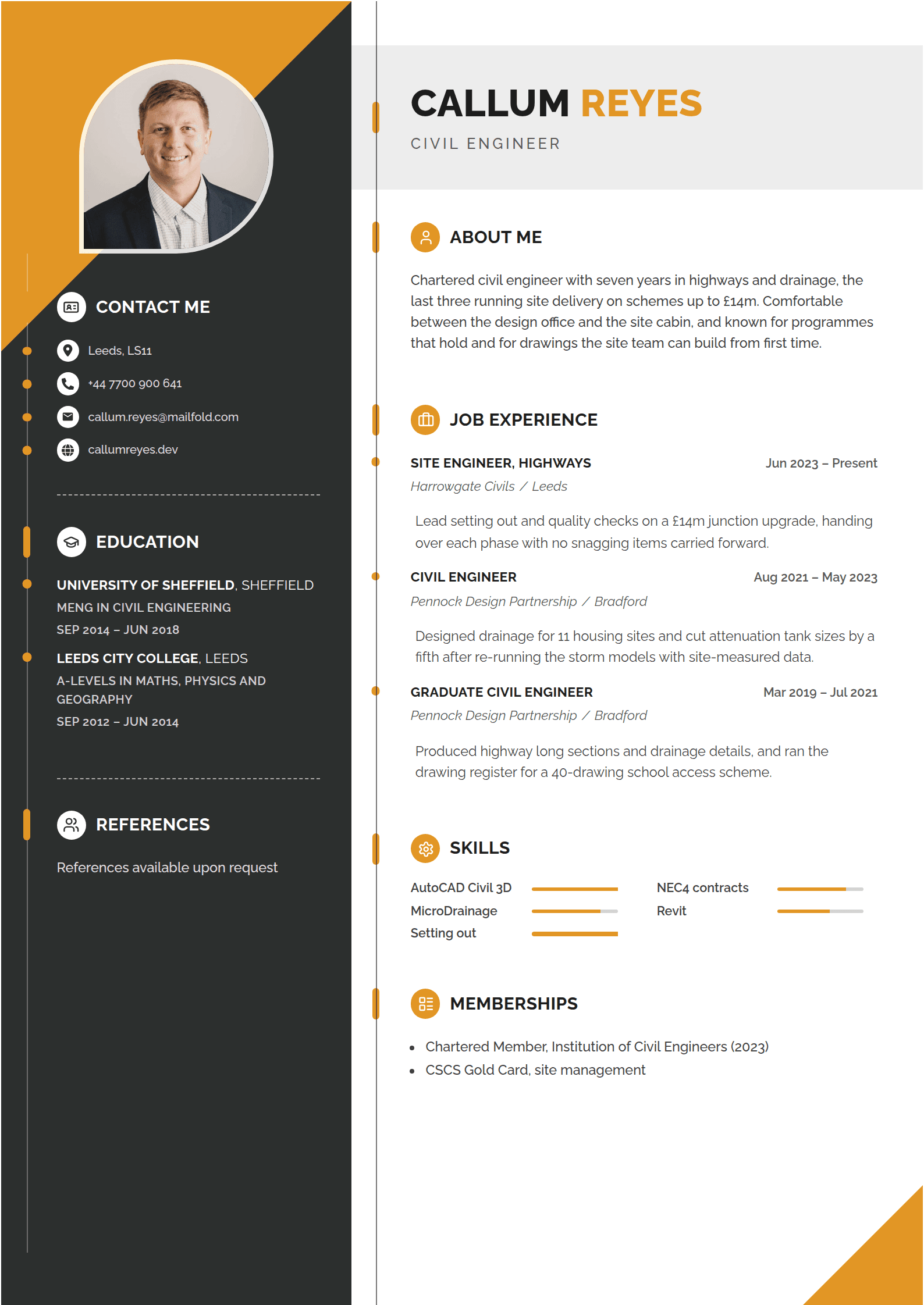 Kestrel resume template: A charcoal column under an orange wedge, a rounded photo, orange icon headings on grey rails and an orange corner at the foot