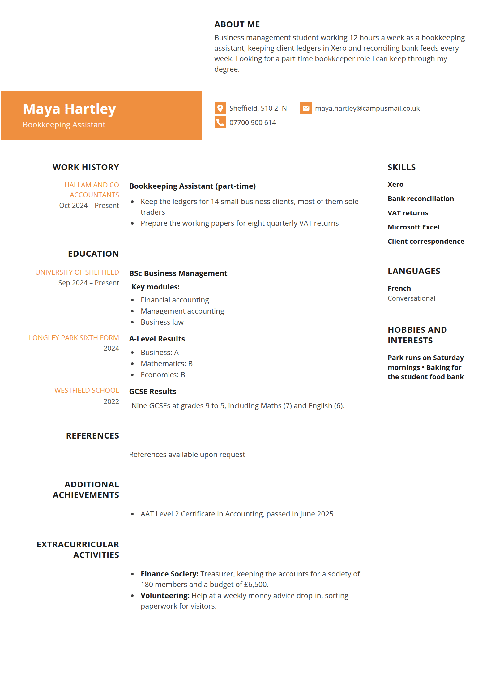Kumquat resume template: An orange name band beside square contact icons, over a margin of right-aligned headings and a narrow column for skills