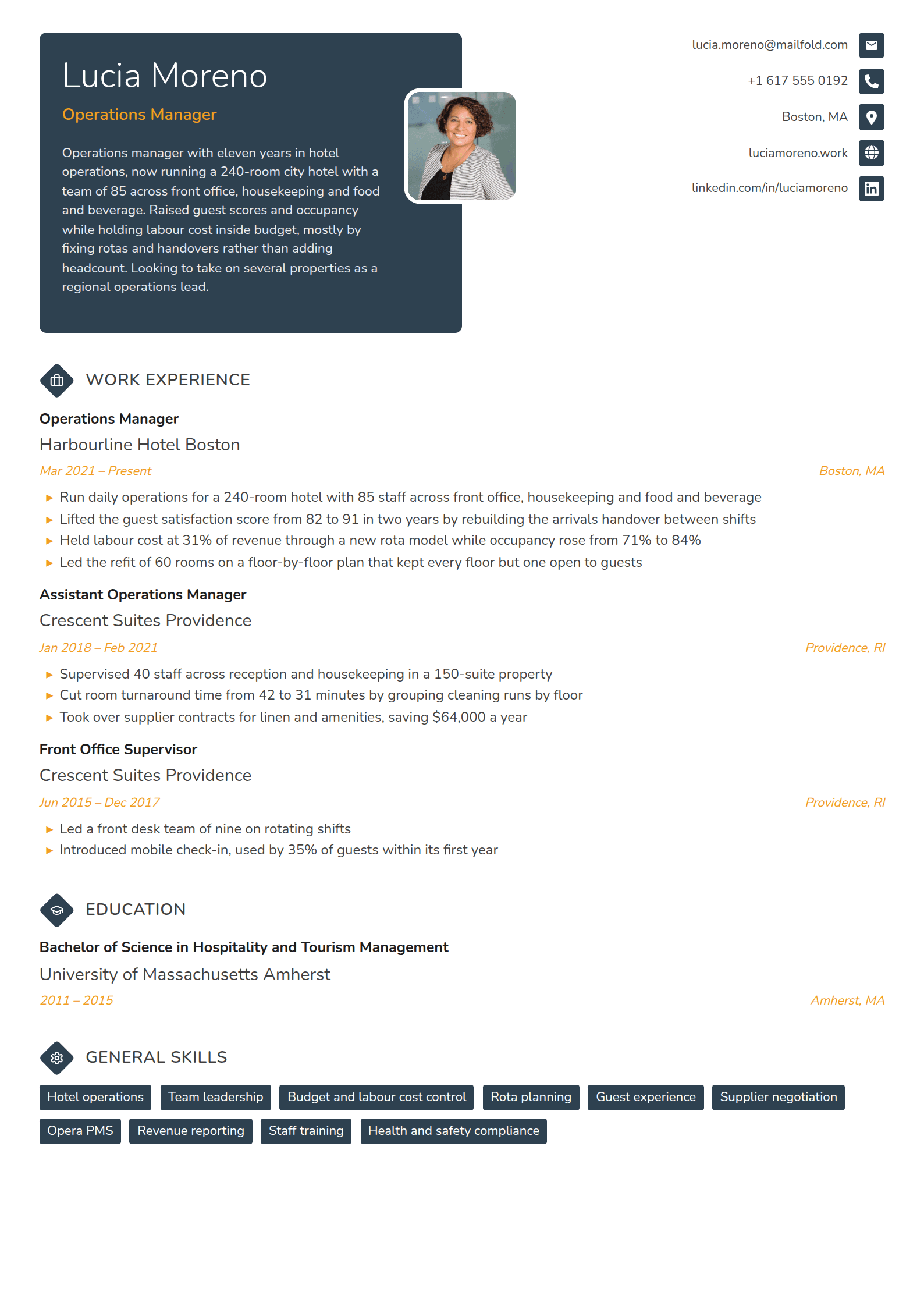 Lantern resume template: A slate block holding the name, an orange title and the profile, a rounded photo on its edge, and diamond icon headings over slate skill chips
