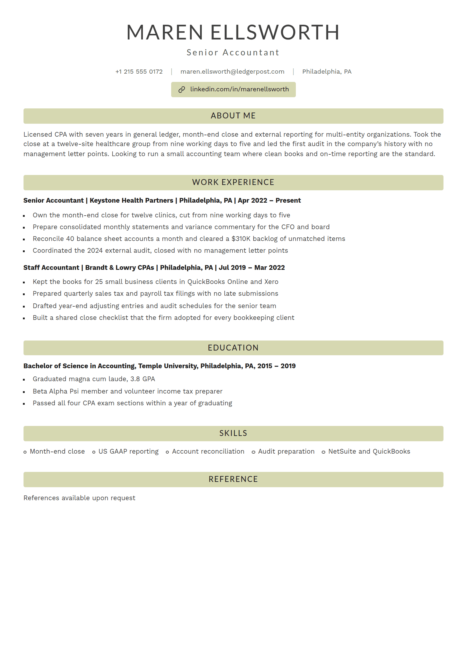 Lichen resume template: A centred one-column page with pale sage heading bands, each role on one bold line and the skills along a single row