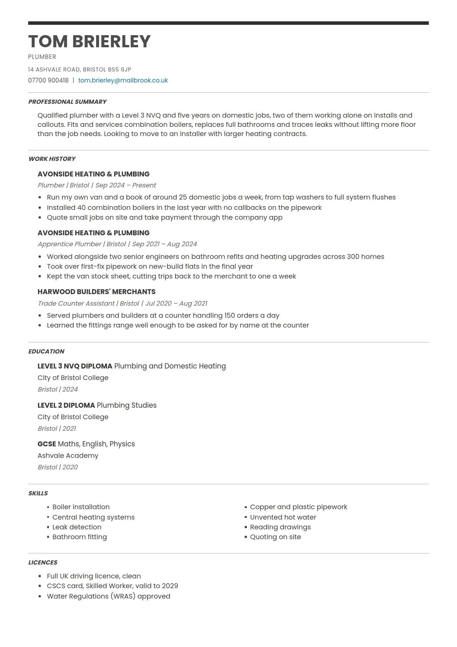 Lintel resume template: A thick charcoal bar over the name in bold capitals, thin rules between sections and bold italic capital headings