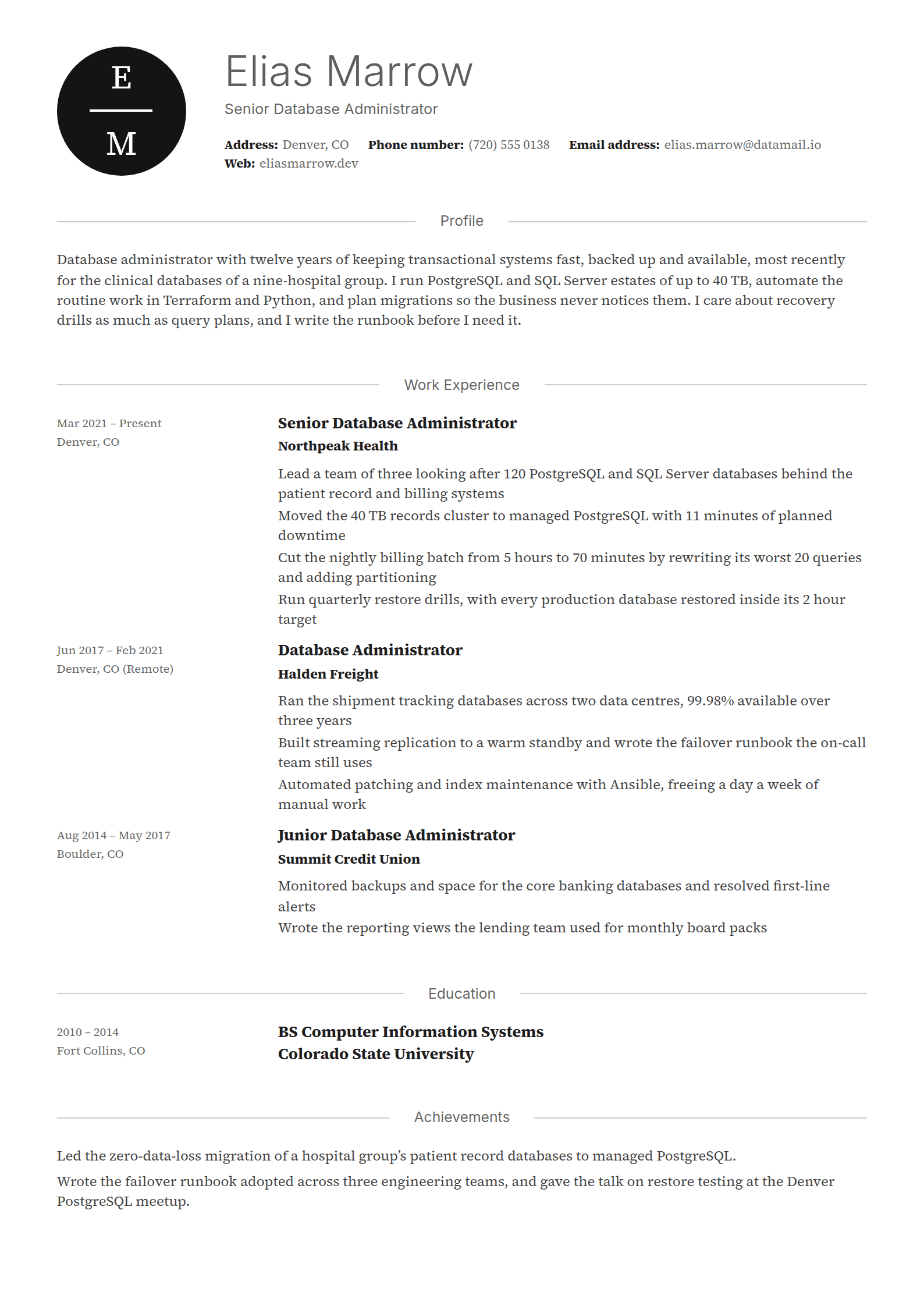 Lucid resume template: A quiet one-column page with the initials stacked in a black disc, a light grey name and headings centred between two hairlines