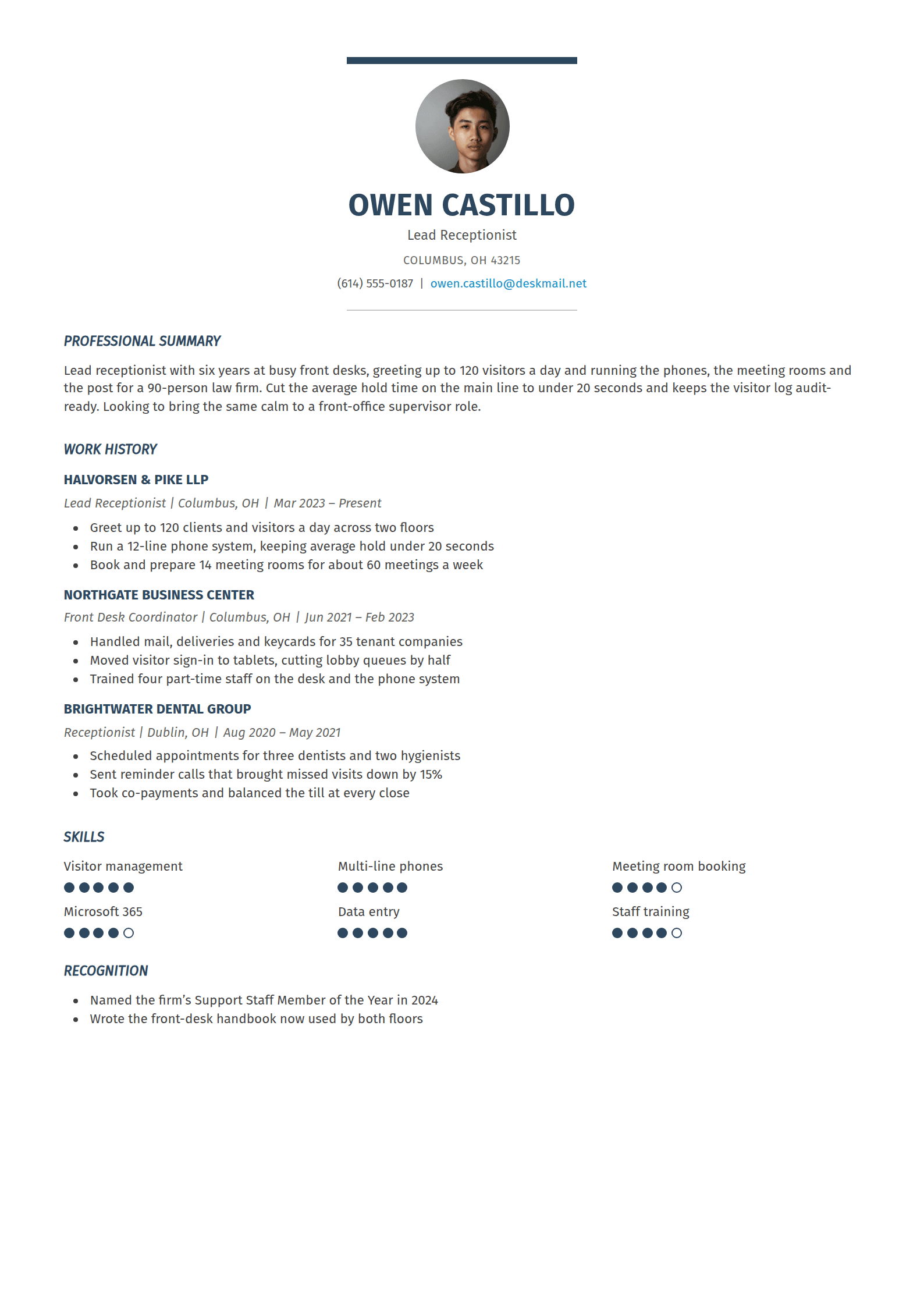 Lumen resume template: A short navy bar over a round photo, a centred name and contact block, and bold italic capital headings with no rule