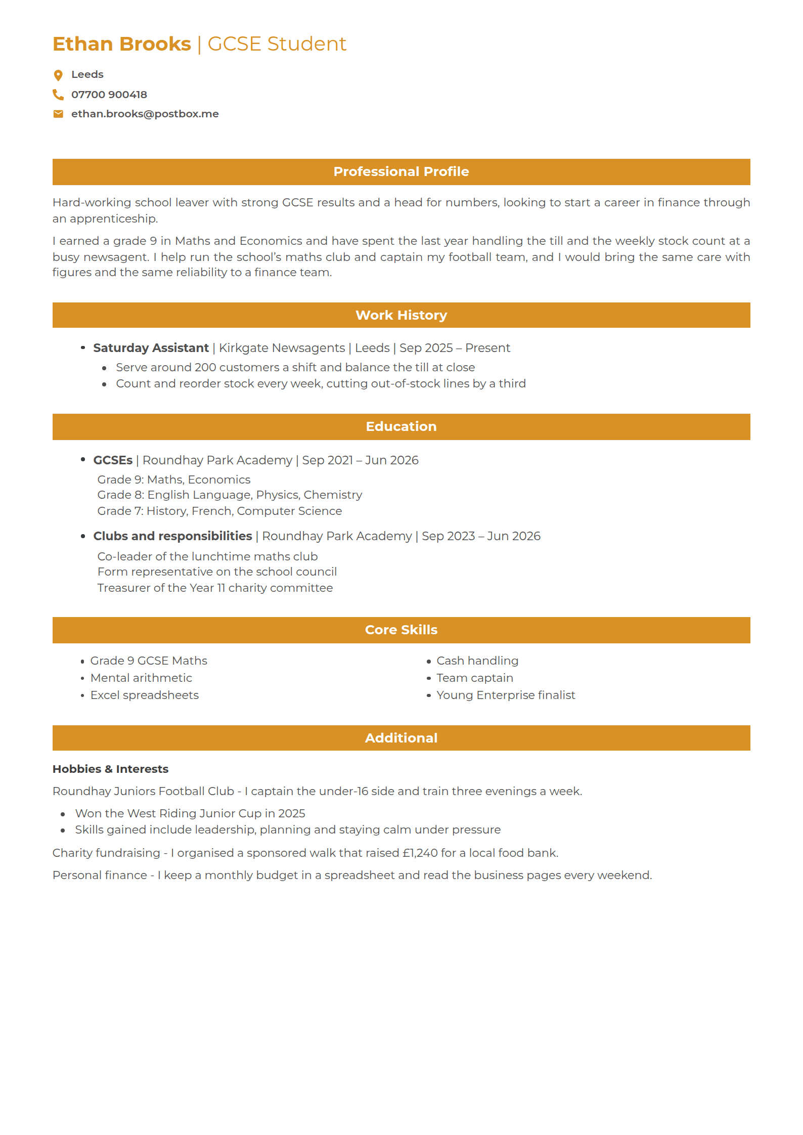 Marigold resume template: Solid orange bands with centred white headings, an orange name beside the title, and a plain school-leaver page beneath