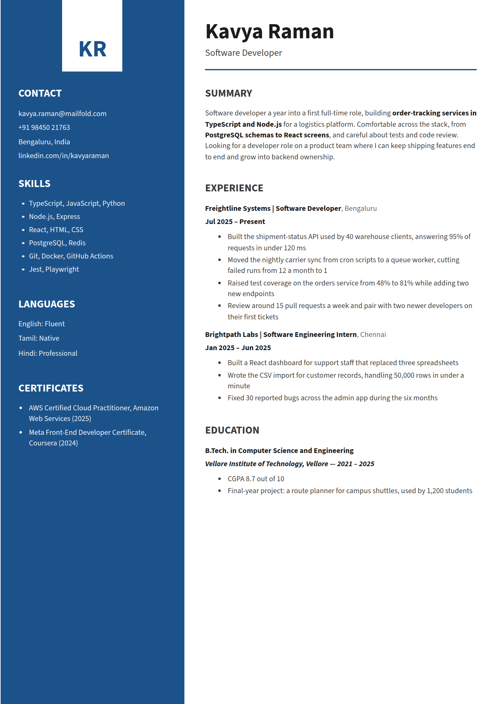 Mariner resume template: A navy column with a white initials box hanging from its top edge, beside a white column that opens on the name over a thin navy rule
