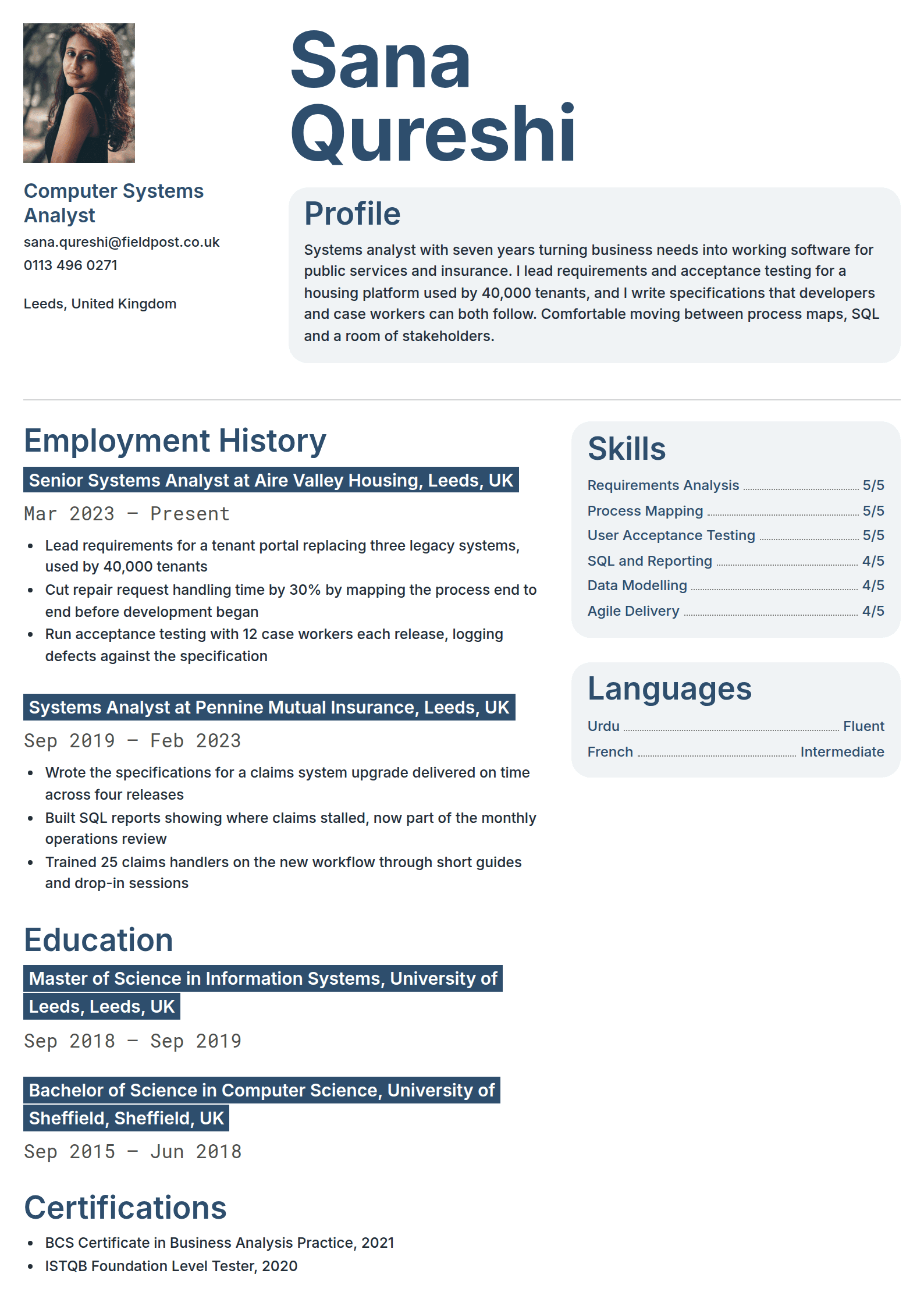 Marlow resume template: A split head with a small portrait over the contact details and a large two-line navy name over a profile in a rounded grey panel