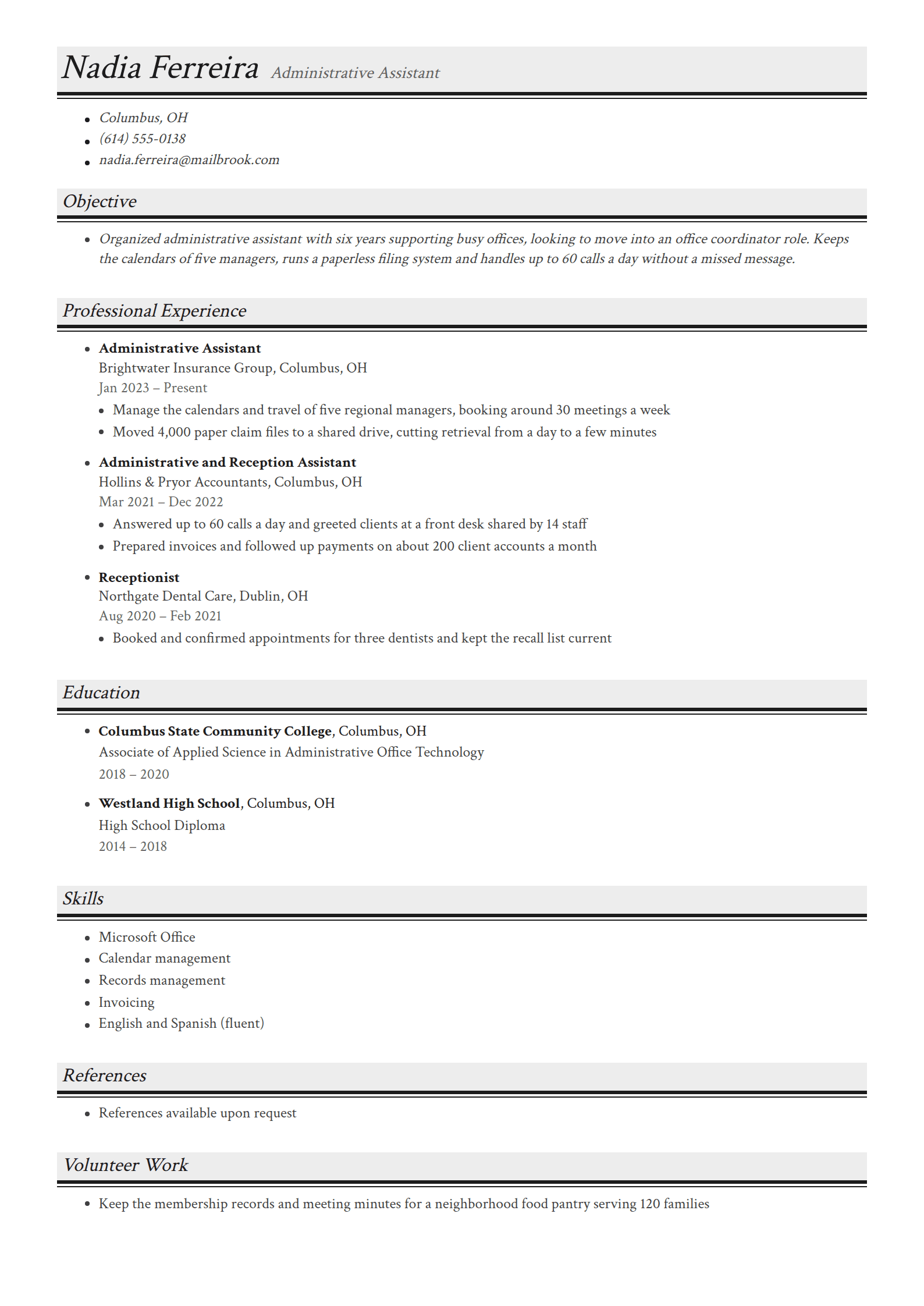 Memo resume template: A word-processor page with grey-shaded italic serif headings over a thick and thin double rule, and every fact on a bullet