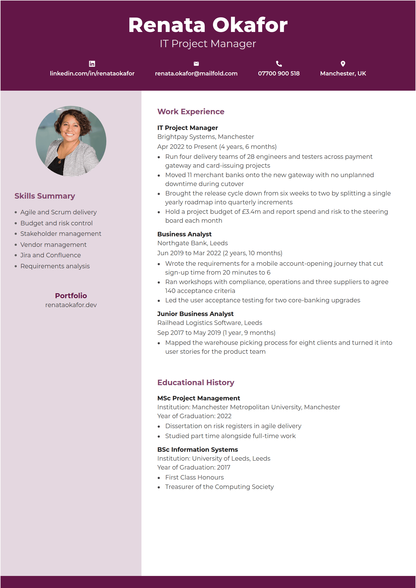 Merlot resume template: A plum band with a centred name over a row of iconed contact details, a round photo on a pale plum column and plain plum headings