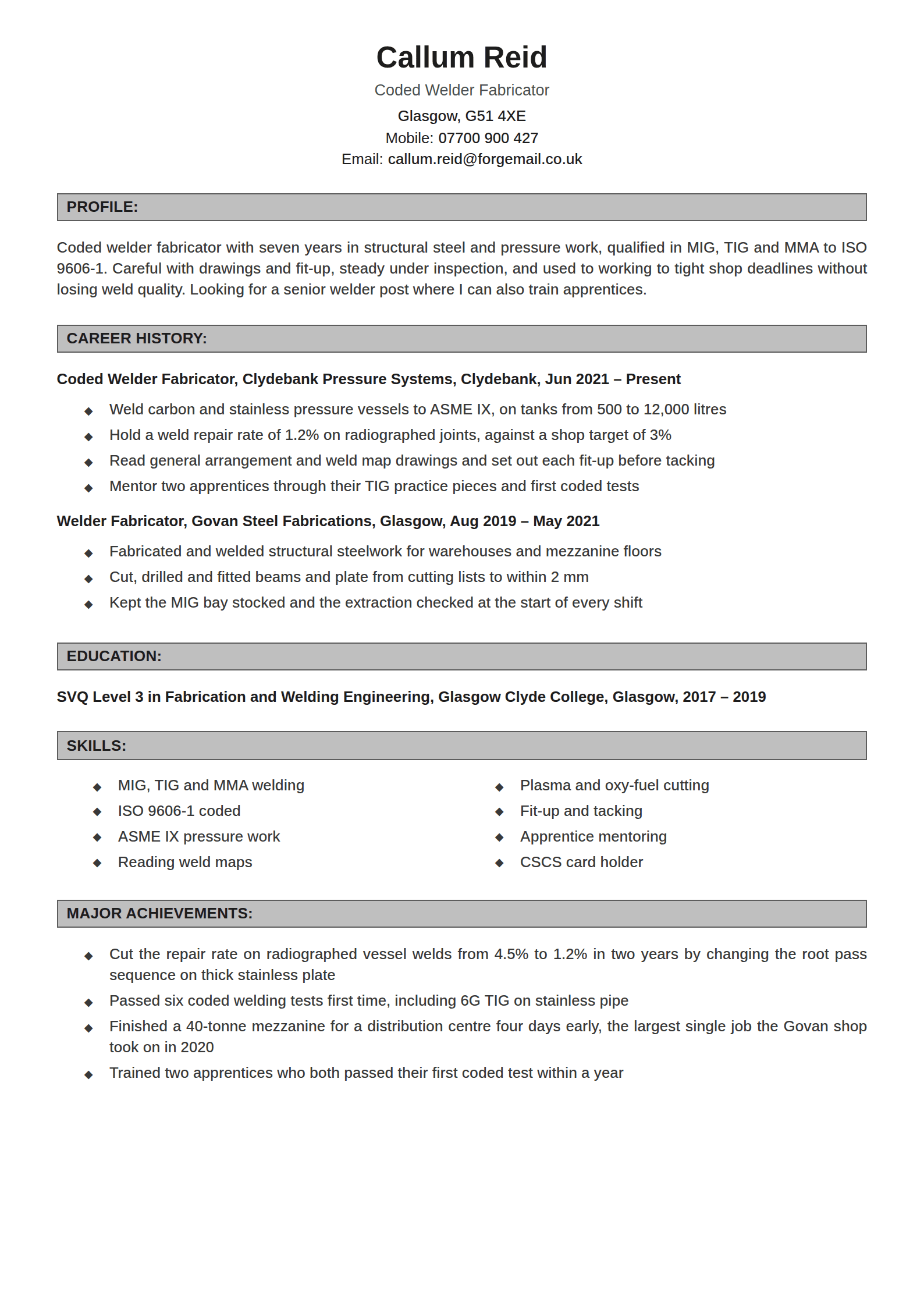 Mica resume template: A plain word-processor page under grey bordered heading bars, with a centred head and diamond bullets set well in
