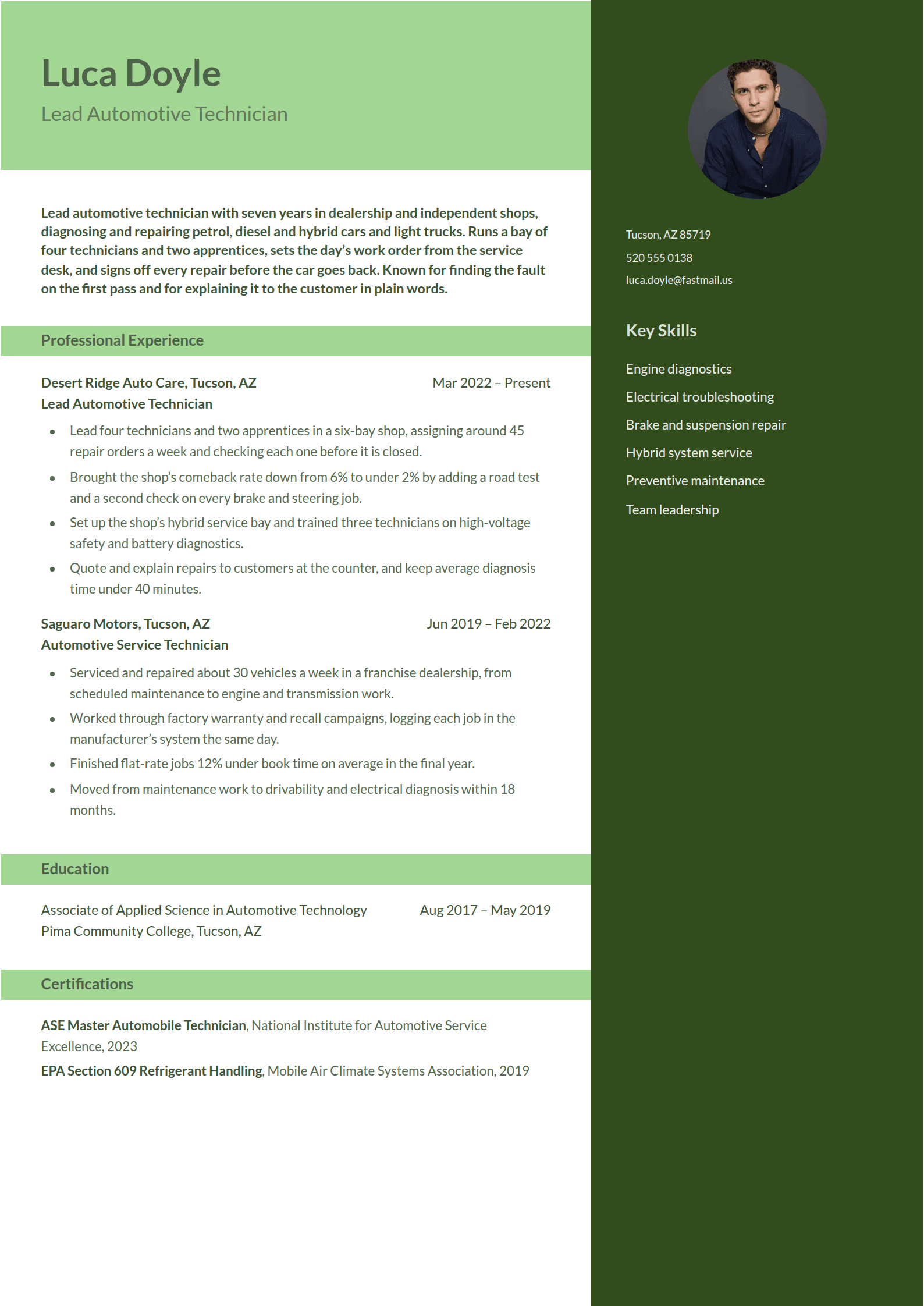 Moss resume template: A deep green column down the right, a pale green band holding the name, and every heading on a pale green band the width of the page side
