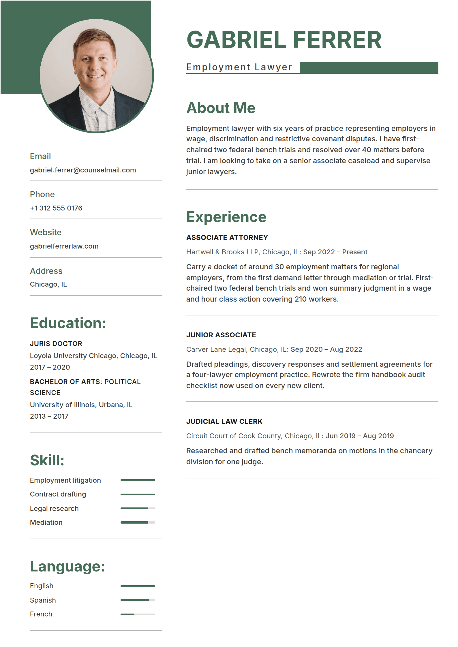 Myrtle resume template: A green block in the top left corner behind a ringed photo, large green headings and a grey rule closing every section