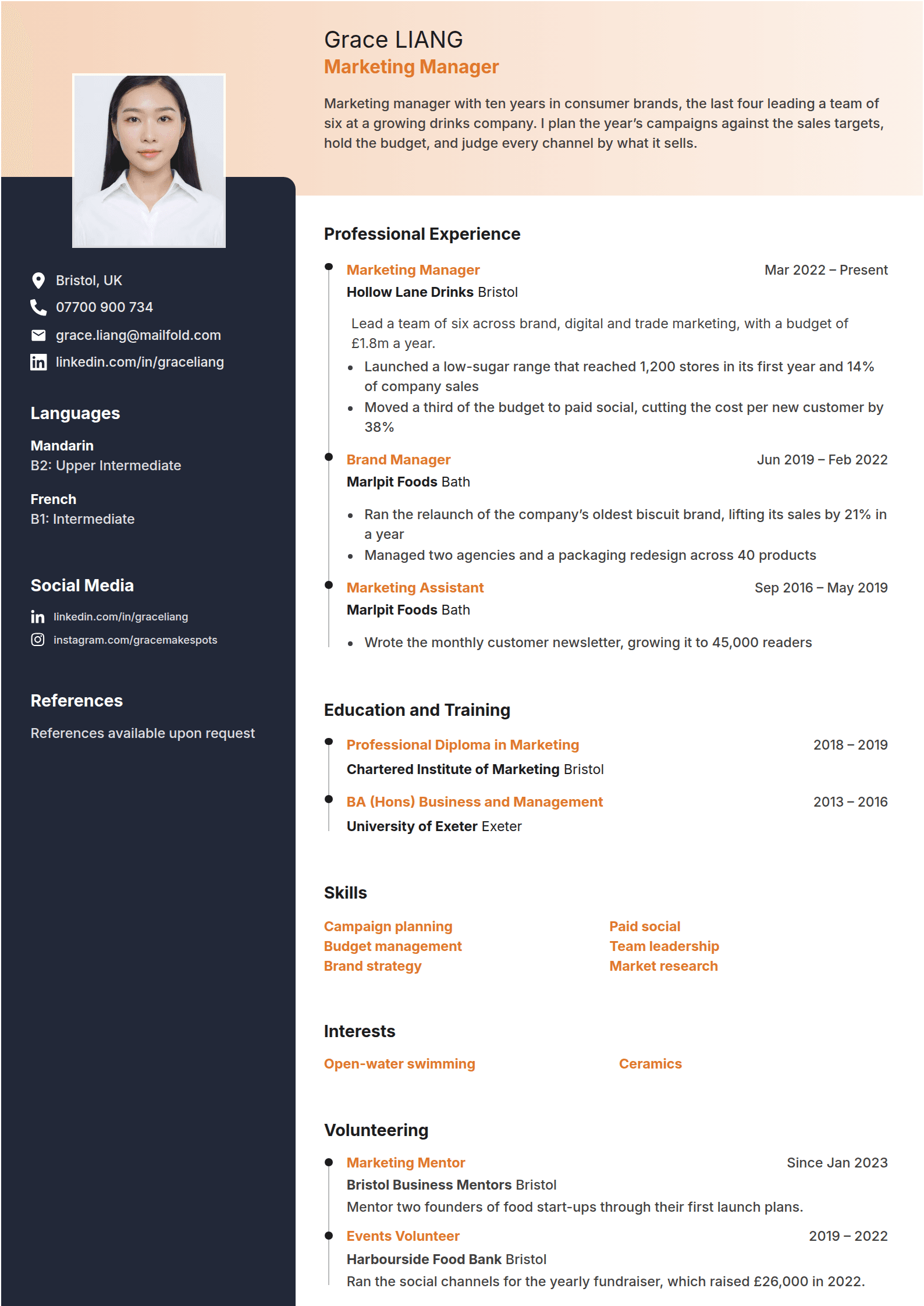 Nectar resume template: A peach band across the head holding the name, an orange title and the profile, a portrait hanging onto a navy column, and railed roles