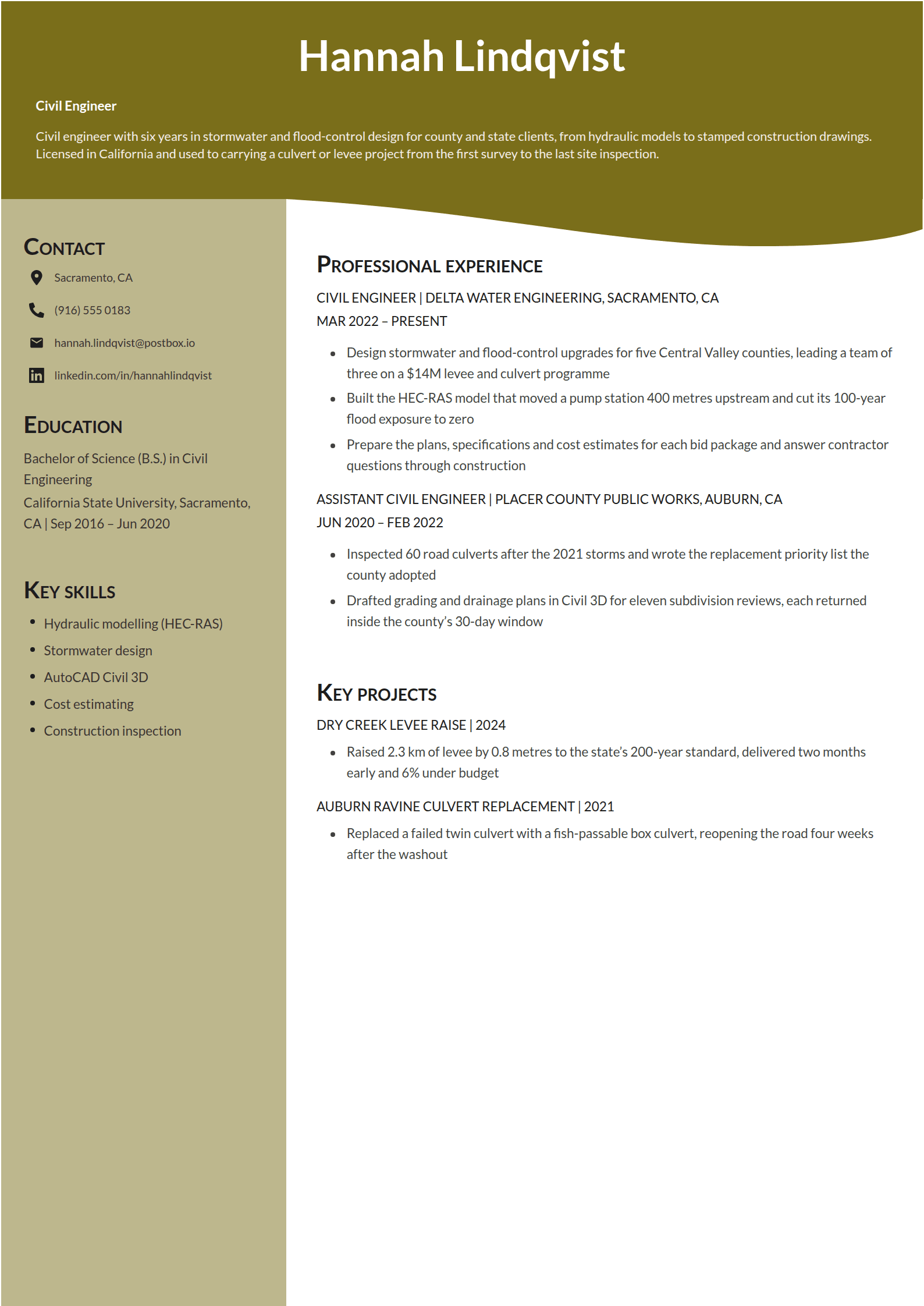 Olive resume template: A deep olive band that hangs lower over the main column, a pale olive column beside it and dark small-capital headings
