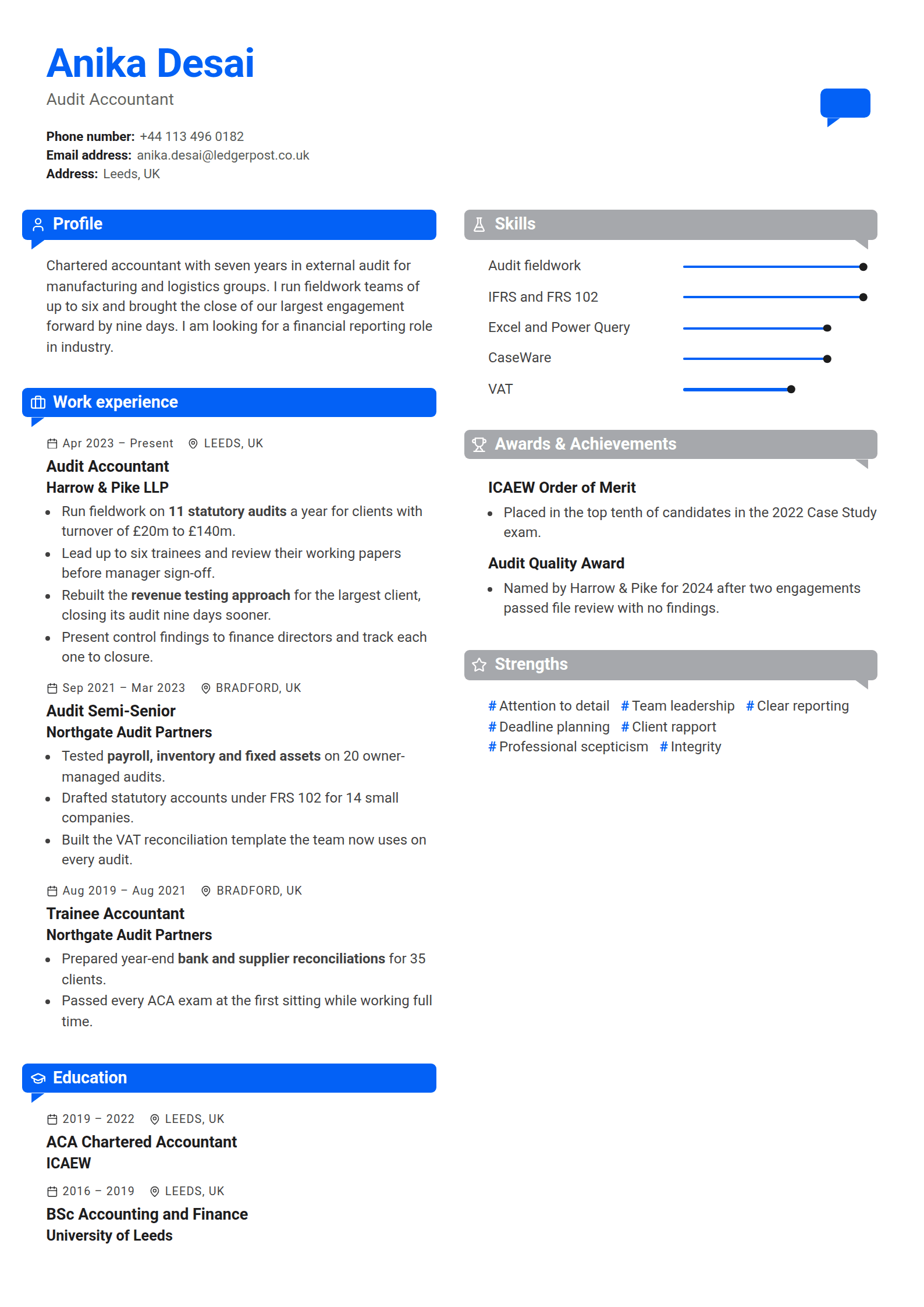 Parley resume template: Every heading a speech bubble, blue on the left and grey on the right, with the entries dated under a calendar and a pin